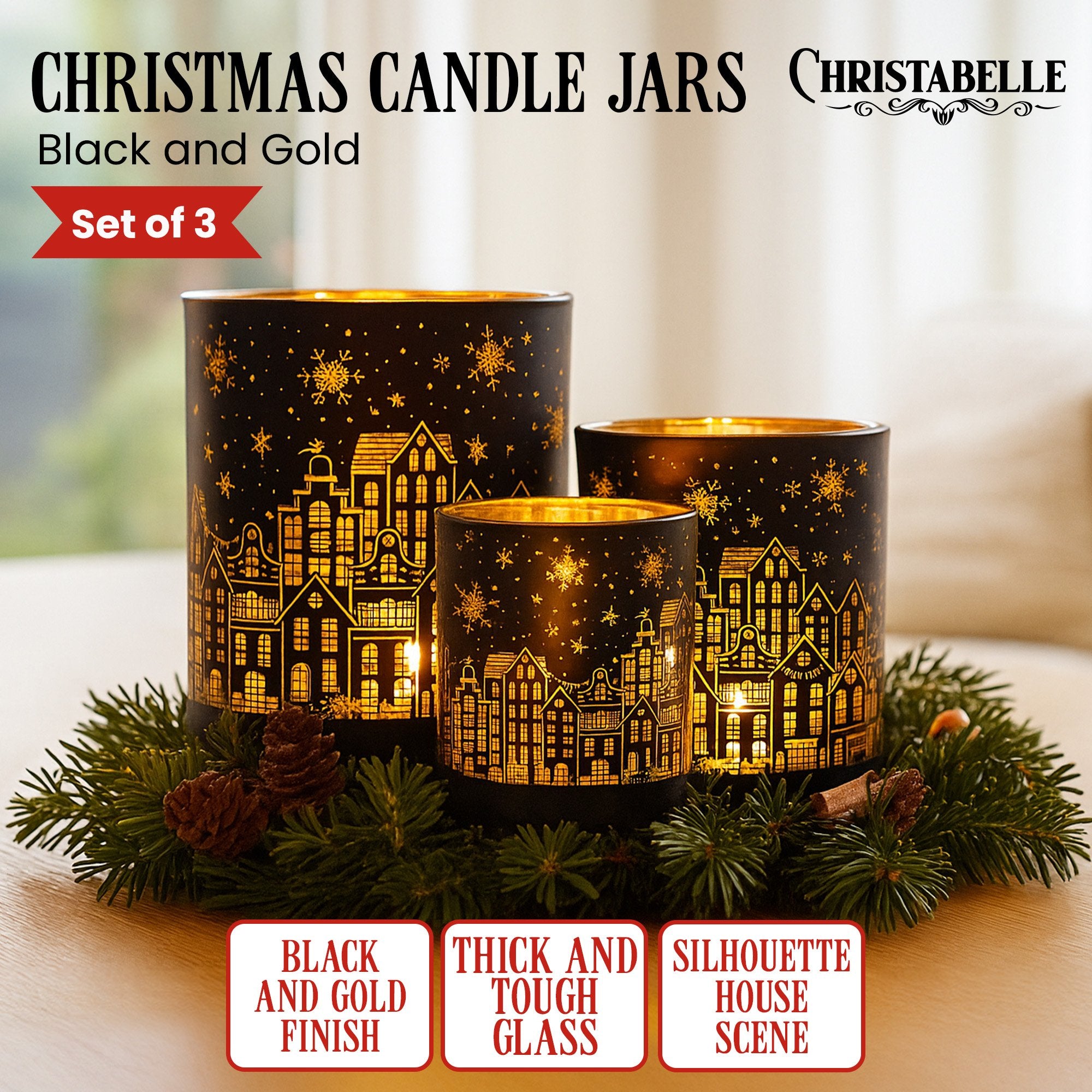 Candle Accessories: Christabelle Christmas Candle Jar Set Of 3 Black And Gold Holiday Candle Holders