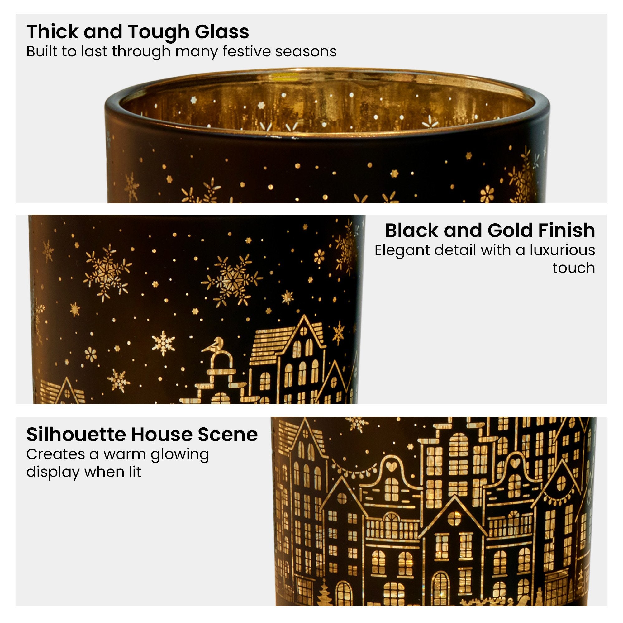 Candle Accessories: Christabelle Christmas Candle Jar Set Of 3 Black And Gold Holiday Candle Holders