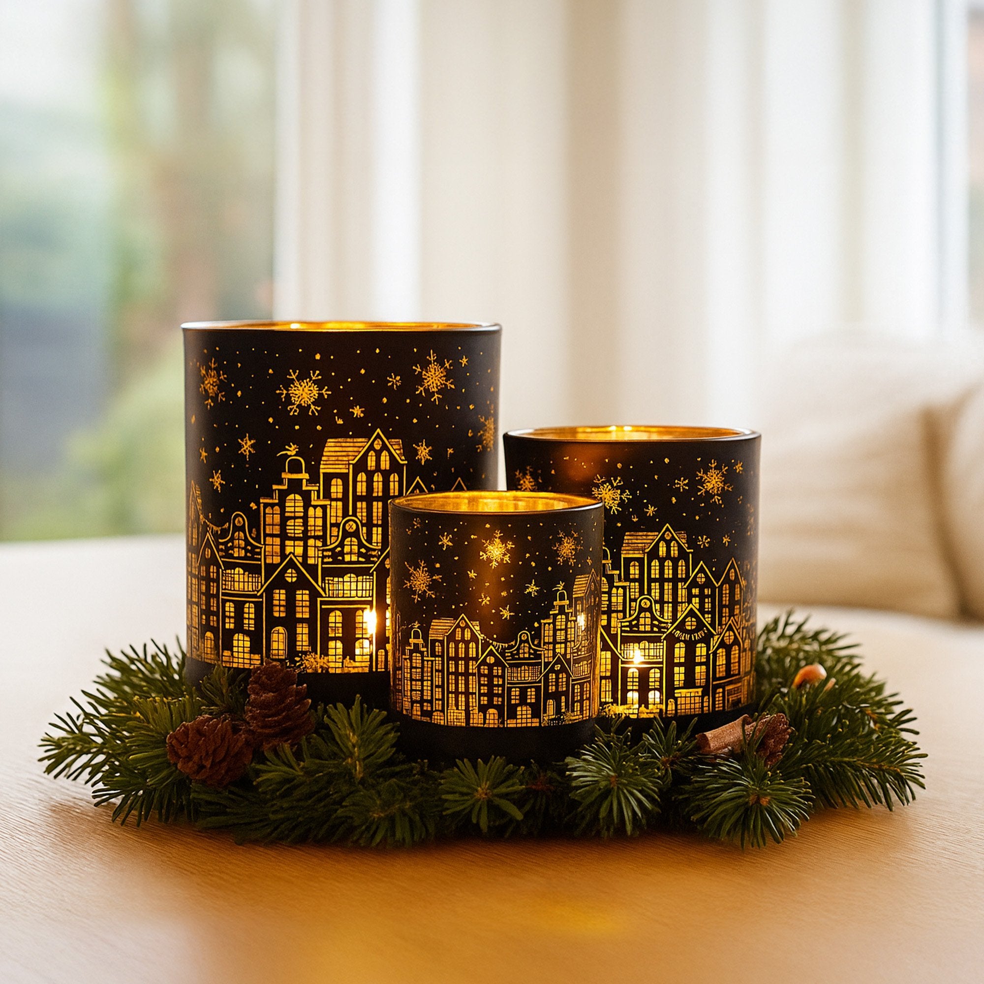 Candle Accessories: Christabelle Christmas Candle Jar Set Of 3 Black And Gold Holiday Candle Holders