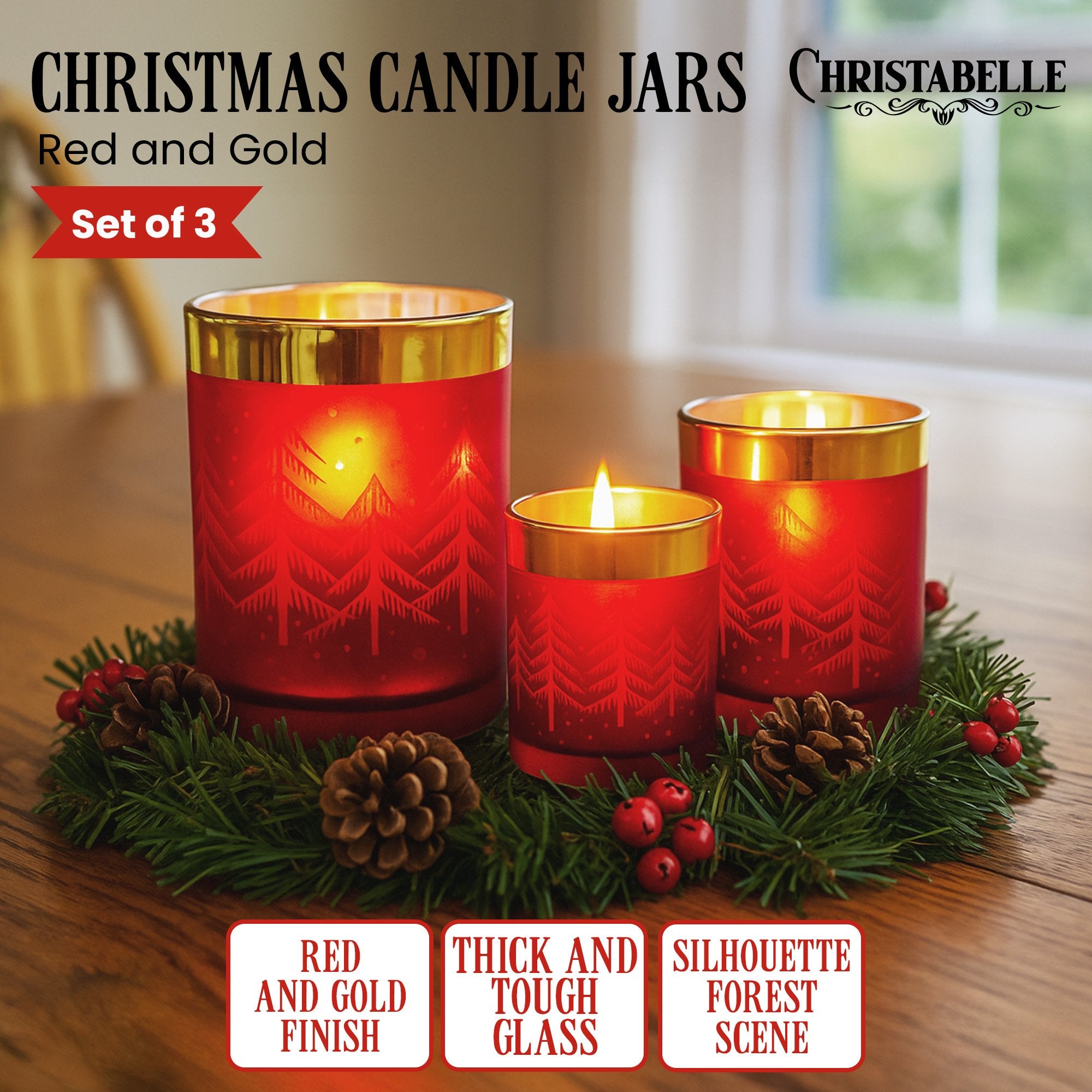 Candle Accessories: Christabelle Christmas Candle Jar Set Of 3 Red And Gold Holiday Candle Holders