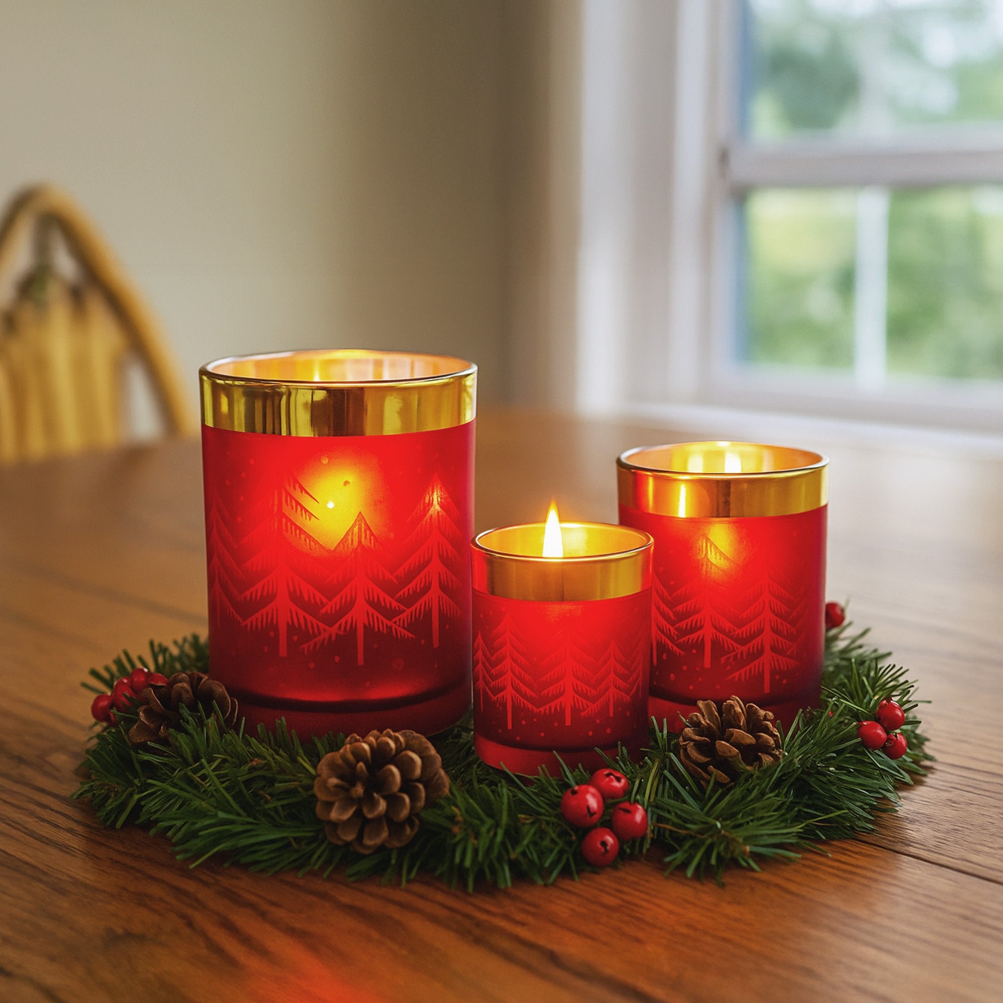 Candle Accessories: Christabelle Christmas Candle Jar Set Of 3 Red And Gold Holiday Candle Holders