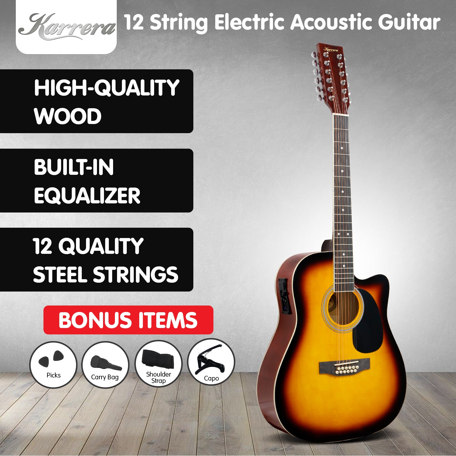 Guitars: Karrera Acoustic Guitar 12-String with EQ - Sunburst