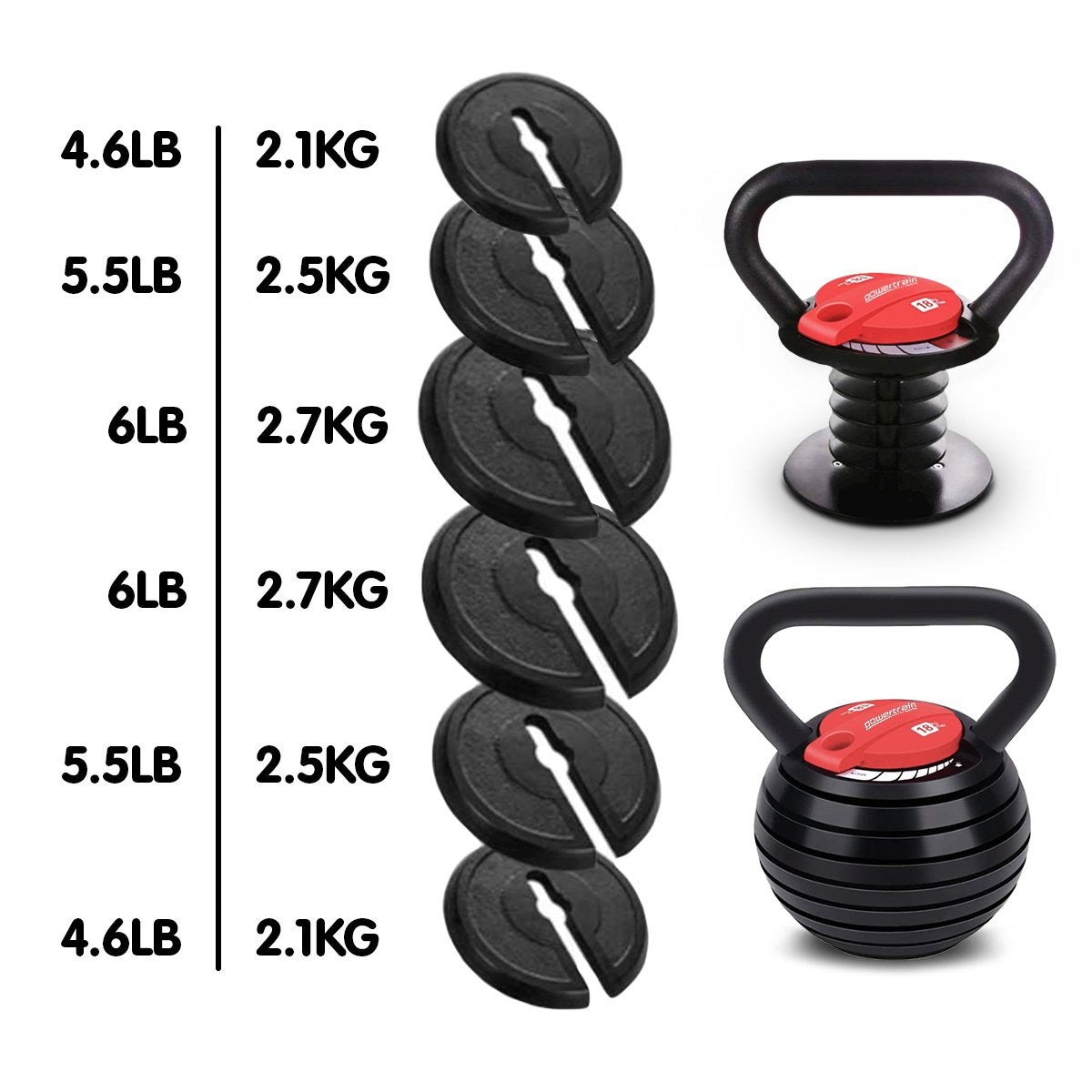 Free Weights: Powertrain Adjustable Kettle Bell Weights Dumbbell 18kg