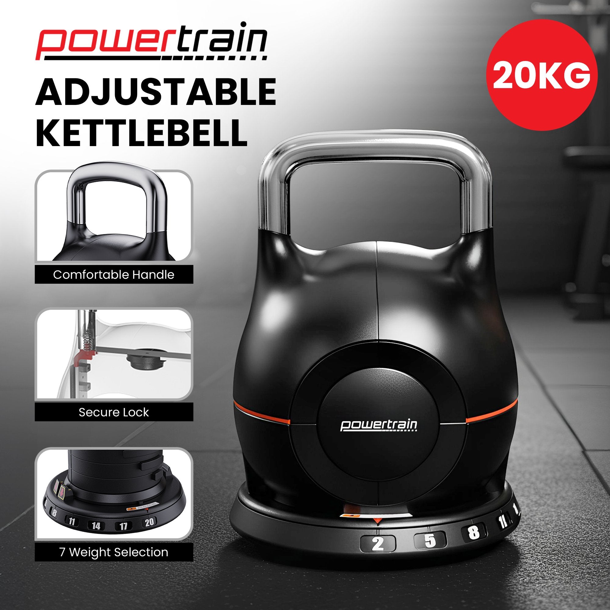 Free Weights: Powertrain Adjustable Kettlebell 20kg 7 in 1 Weight Selection Set w/Quick One Hand Adjustment Secure Locking System