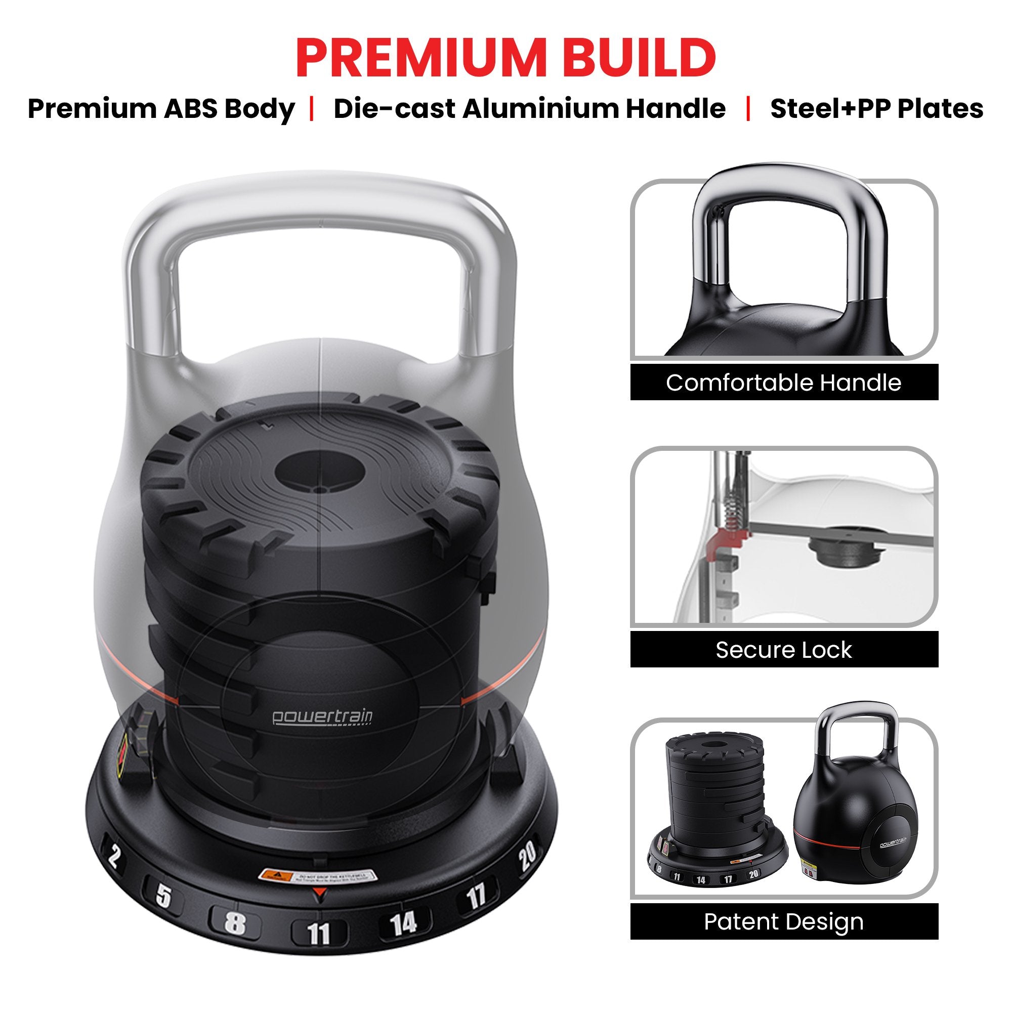 Free Weights: Powertrain Adjustable Kettlebell 20kg 7 in 1 Weight Selection Set w/Quick One Hand Adjustment Secure Locking System