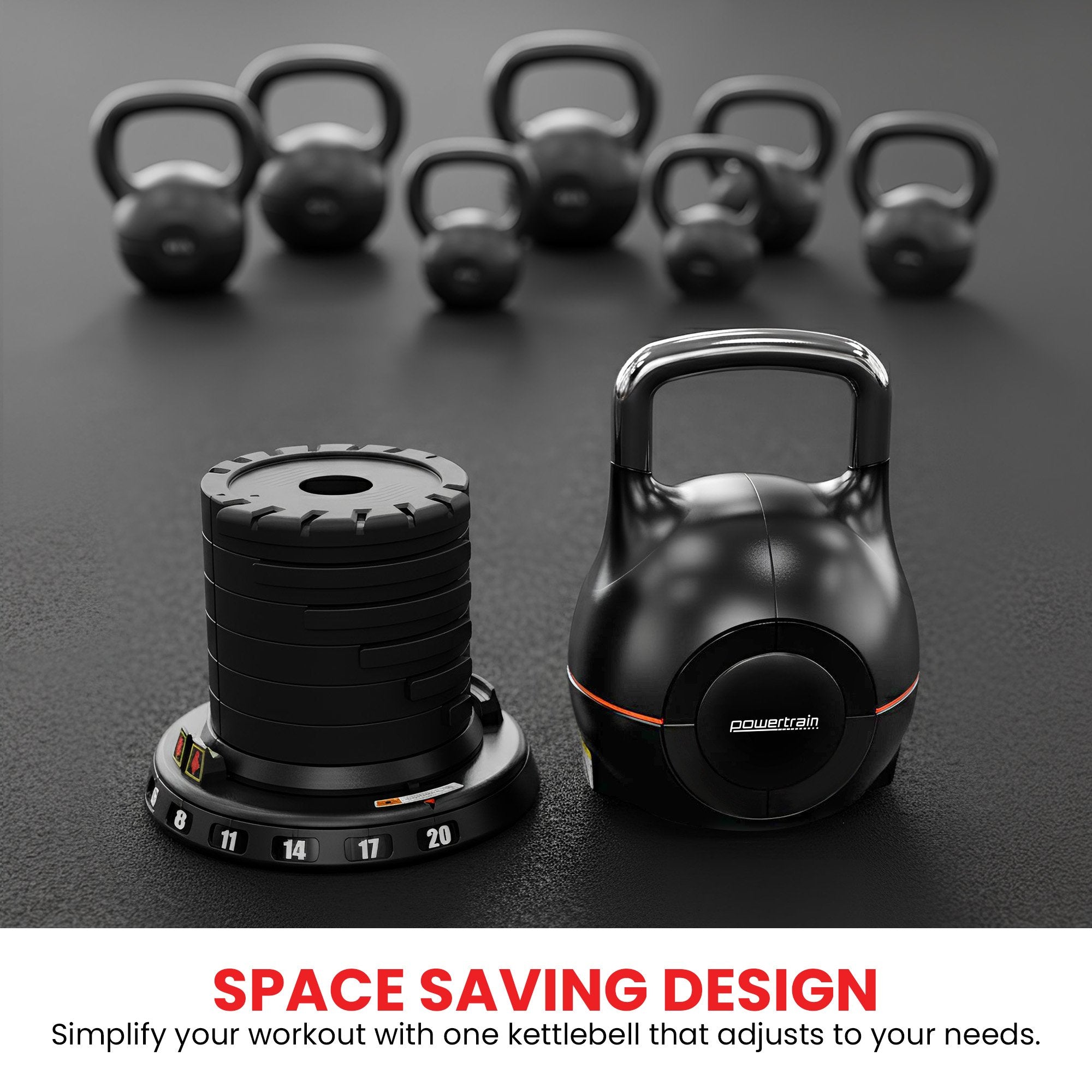 Free Weights: Powertrain Adjustable Kettlebell 20kg 7 in 1 Weight Selection Set w/Quick One Hand Adjustment Secure Locking System