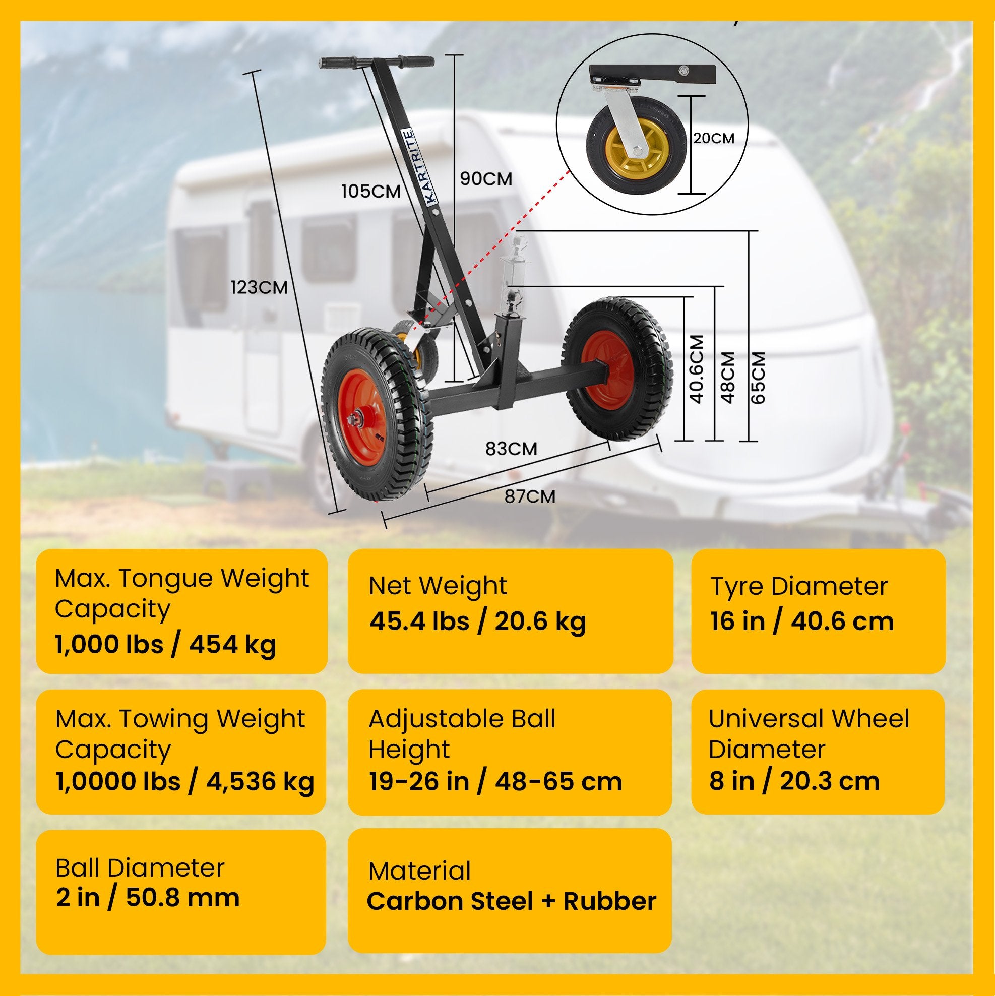 Caravan Accessories: Kartrite 3-Wheel Adjustable Trailer Dolly Heavy Duty Caravan Mover 1000 lbs Tongue Capacity Durable Transport Solution
