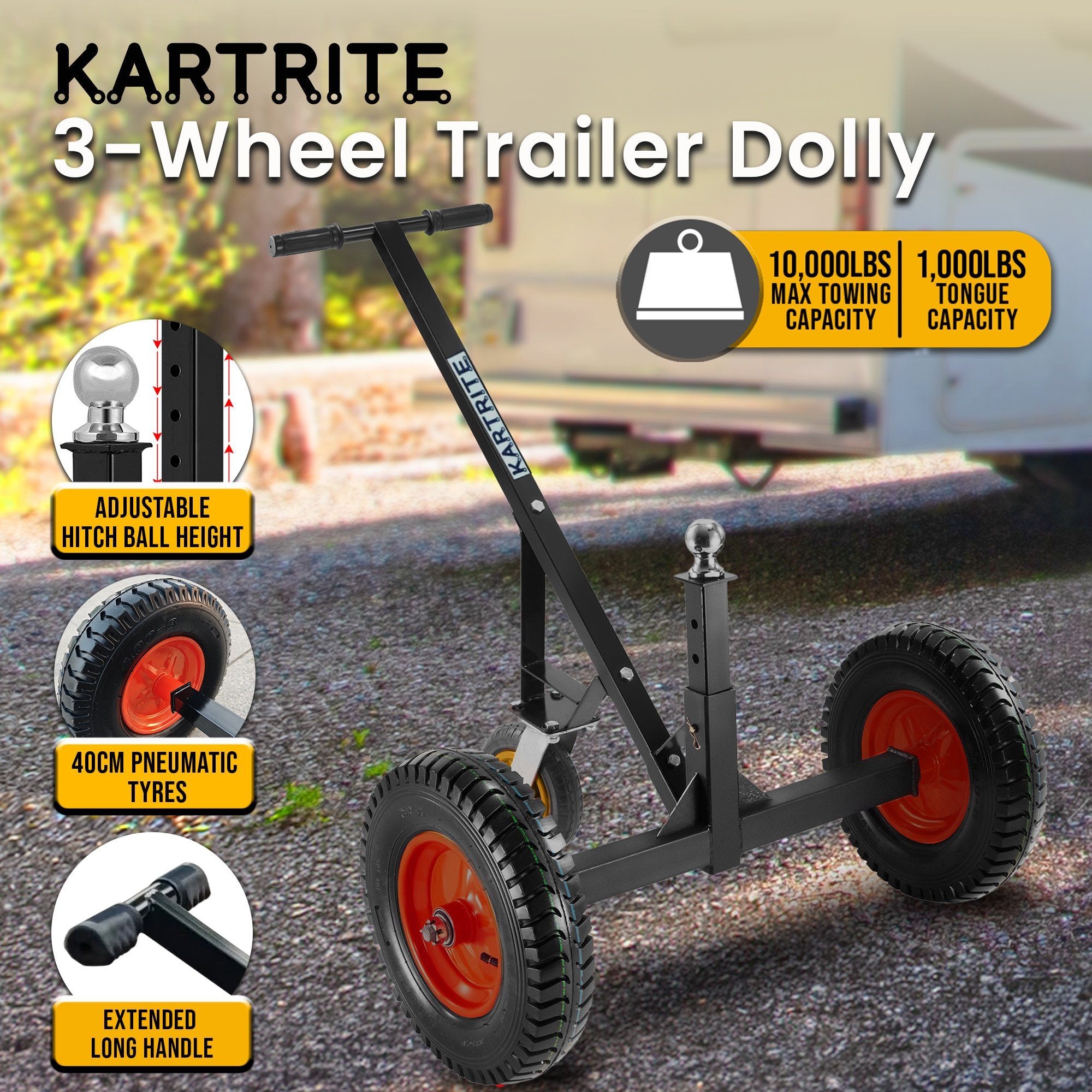 Caravan Accessories: Kartrite 3-Wheel Adjustable Trailer Dolly Heavy Duty Caravan Mover 1000 lbs Tongue Capacity Durable Transport Solution