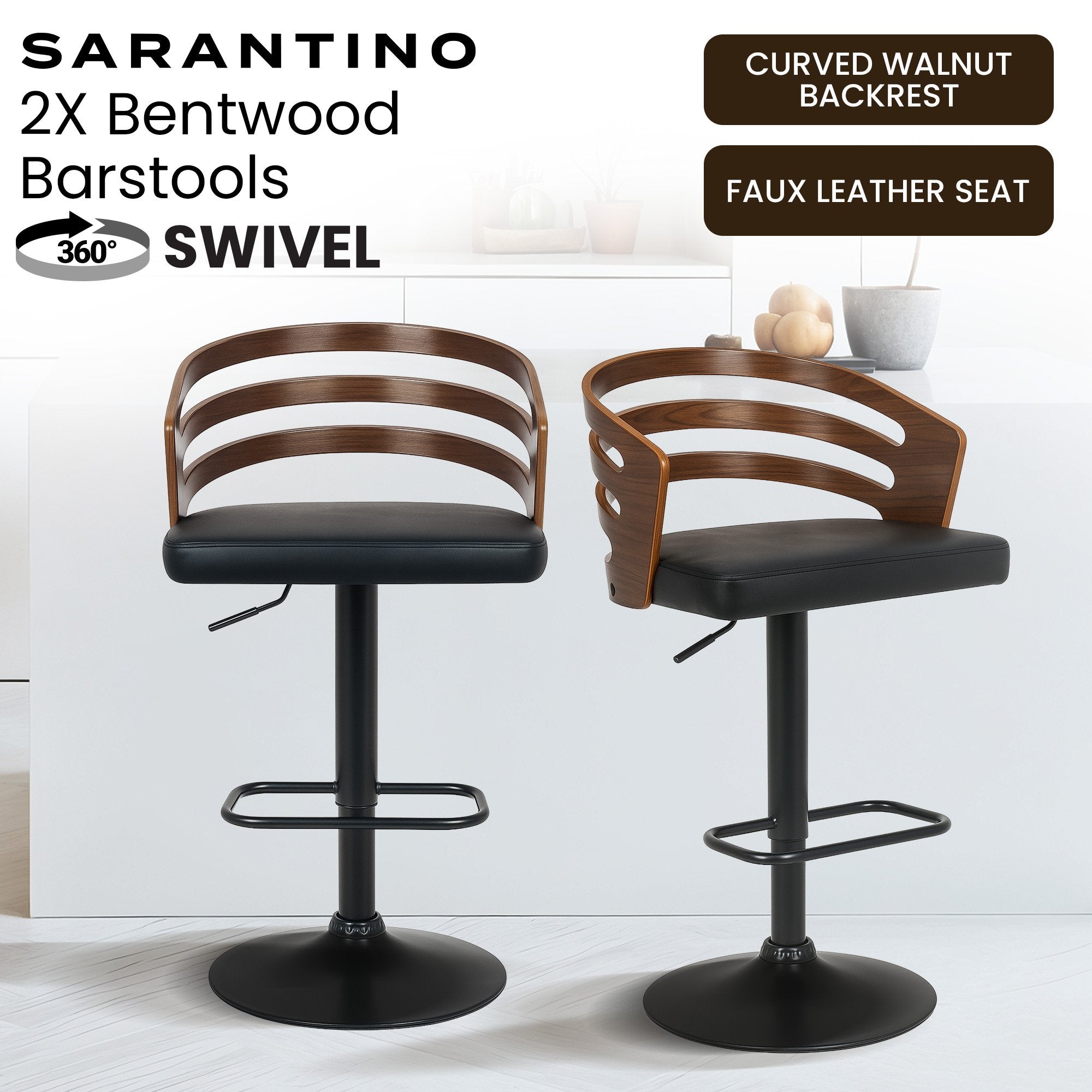 Table & Bar Stools: Sarantino Set Of 2 Bentwood Walnut Barstool Adjustable Height Swivel Footrest