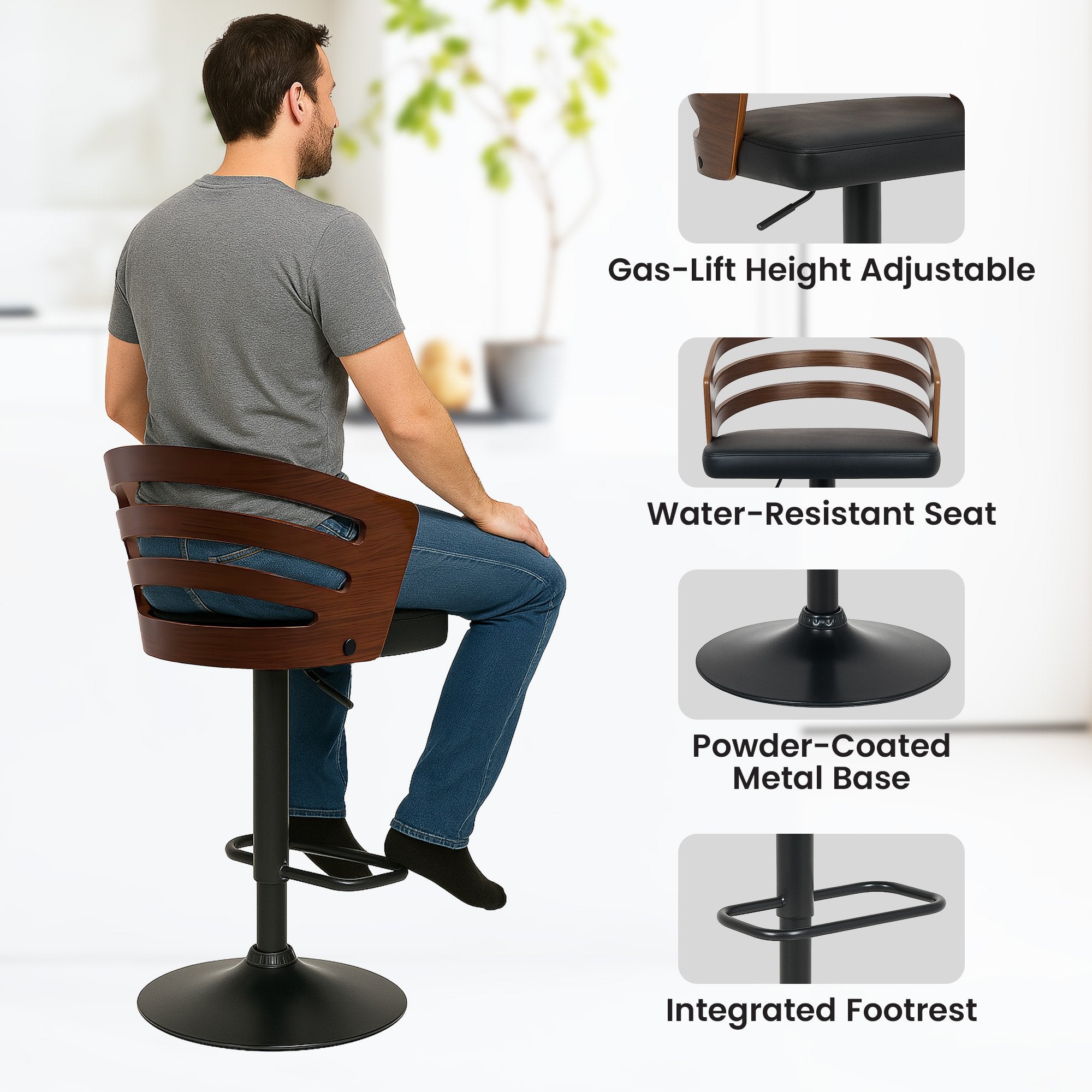 Table & Bar Stools: Sarantino Set Of 2 Bentwood Walnut Barstool Adjustable Height Swivel Footrest