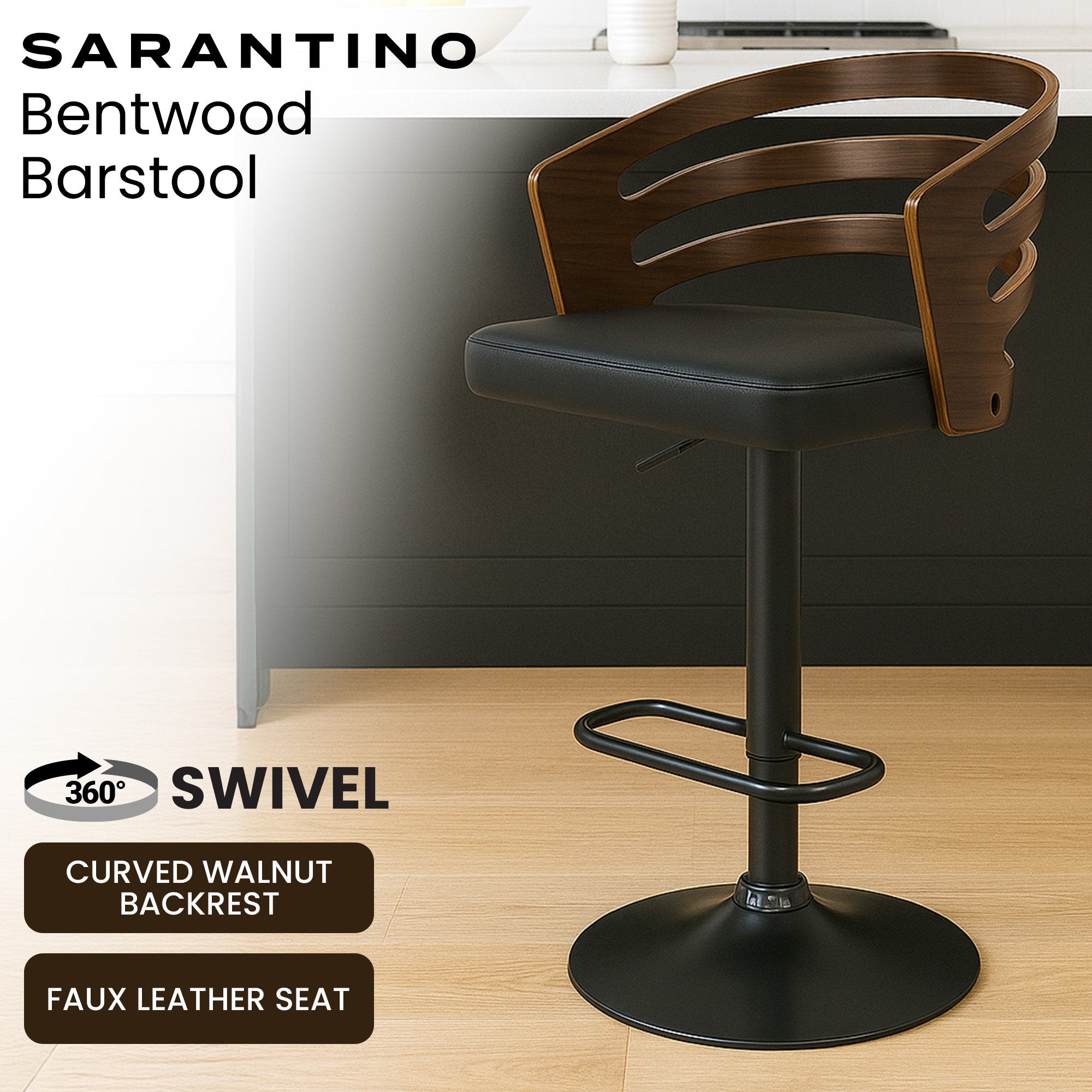 Table & Bar Stools: Sarantino Bentwood Walnut Barstool Leather Seat And Metal Base
