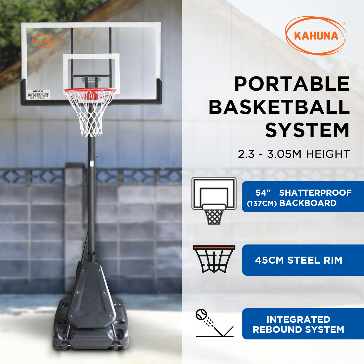 Basketball & Basketball Accessories: Kahuna Portable Basketball Hoop System 2.3 to 3.05m for Kids & Adults