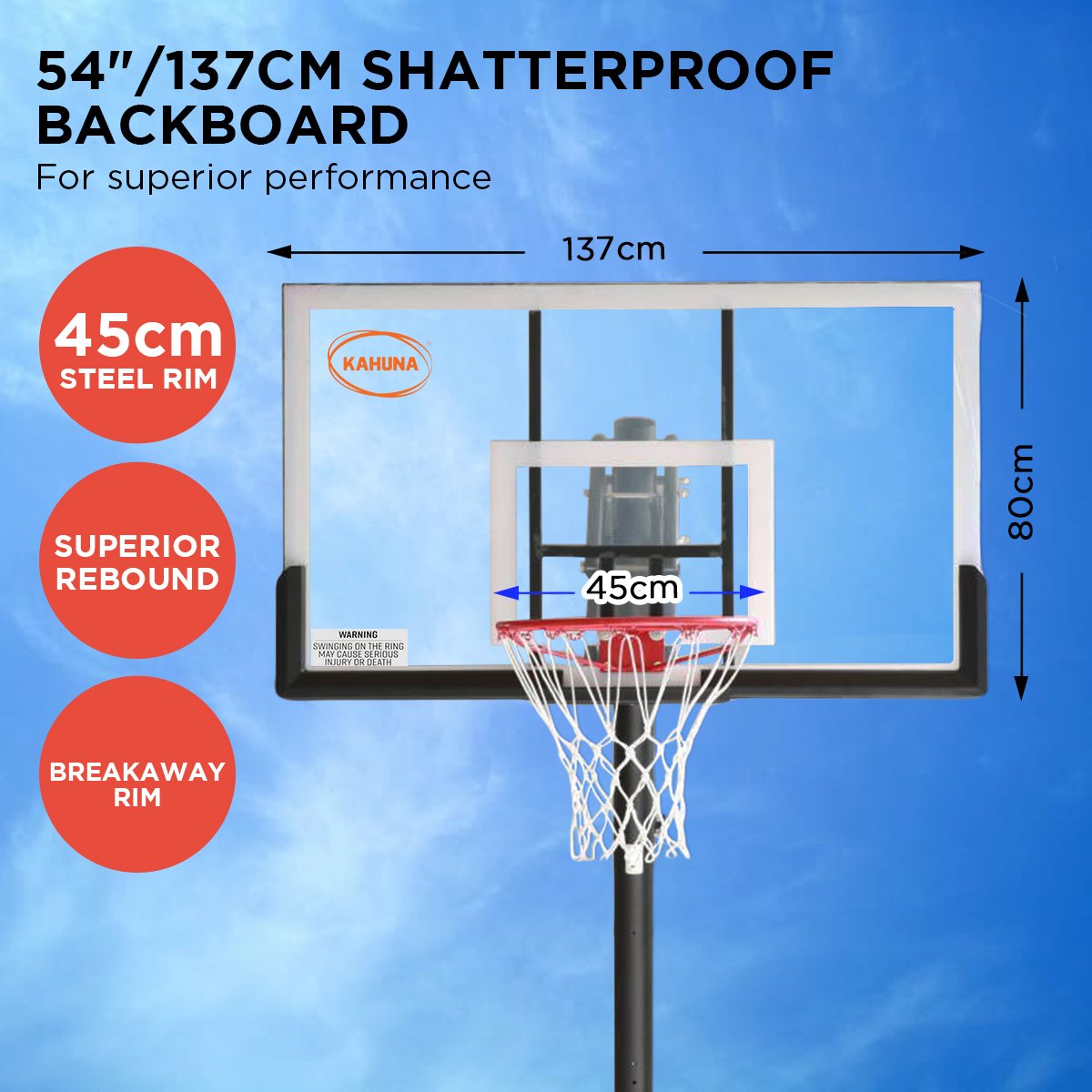 Basketball & Basketball Accessories: Kahuna Portable Basketball Hoop System 2.3 to 3.05m for Kids & Adults
