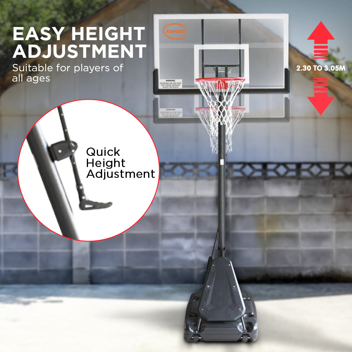 Basketball & Basketball Accessories: Kahuna Portable Basketball Hoop System 2.3 to 3.05m for Kids & Adults