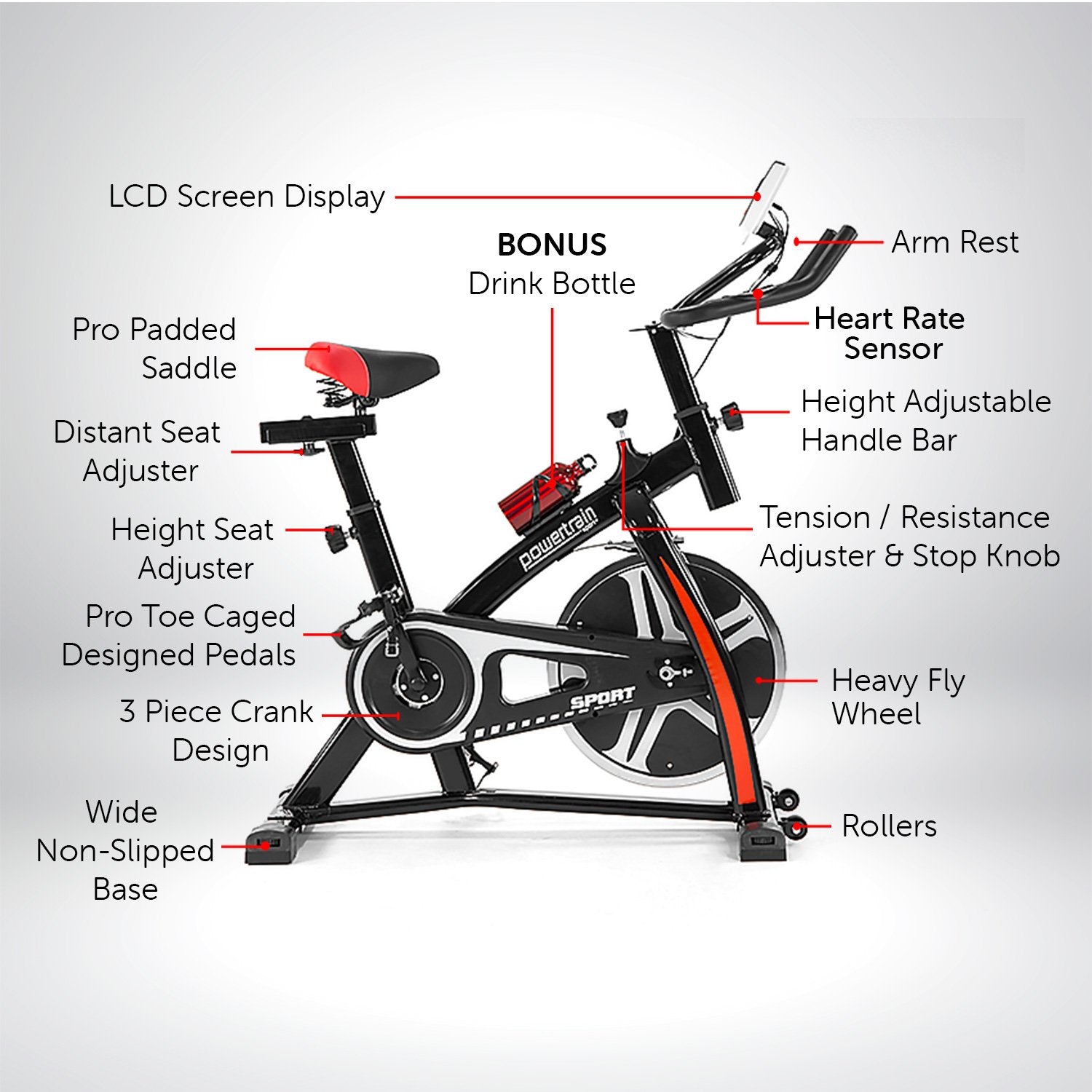 Exercise Bikes: Powertrain Home Gym Flywheel Exercise Spin Bike - Black
