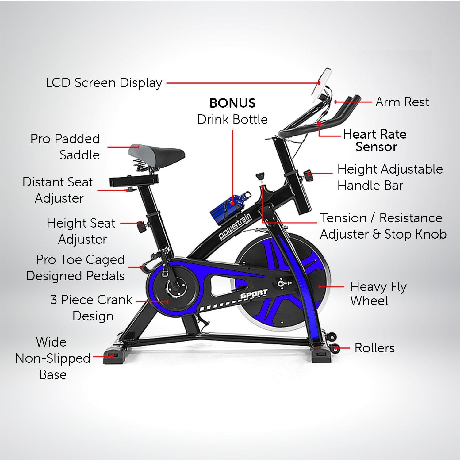 Exercise Bikes: Powertrain Home Gym Flywheel Exercise Spin Bike - Blue
