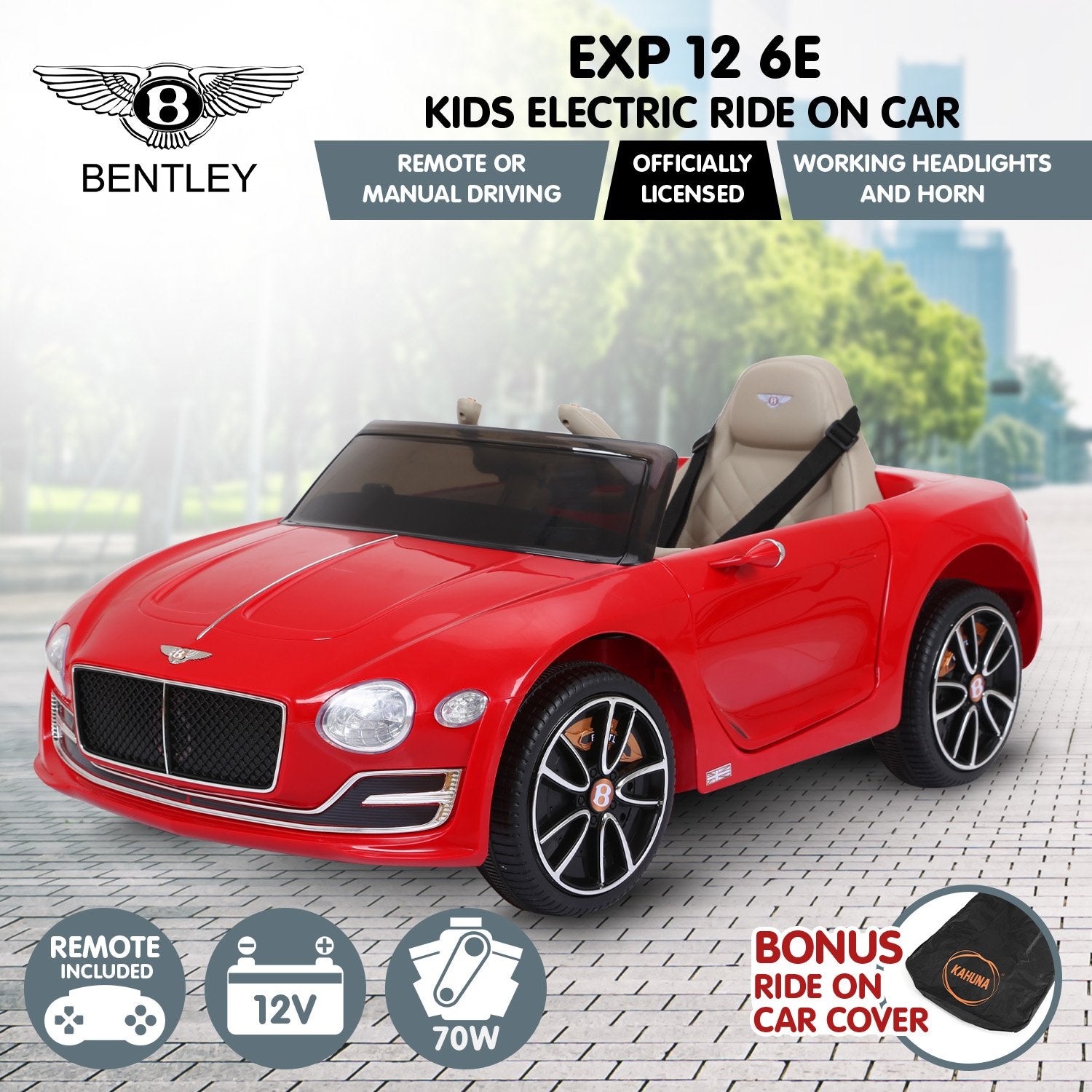 Ride On Cars: Kahuna Bentley Exp 12 Speed 6E Licensed Kids Ride On Electric Car Remote Control - Red