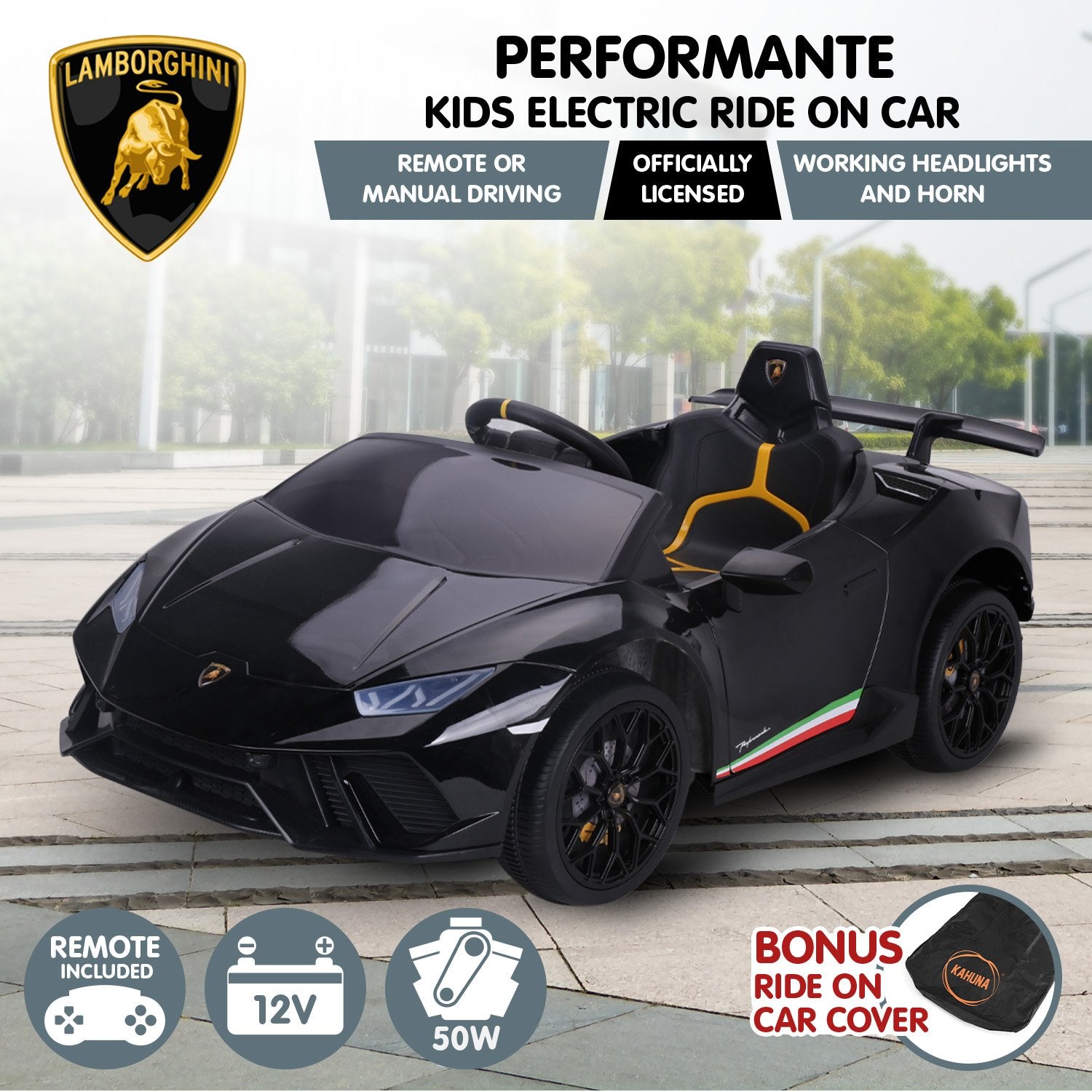 Ride On Cars: Kahuna Lamborghini Performante Kids Electric Ride On Car Remote Control - Black