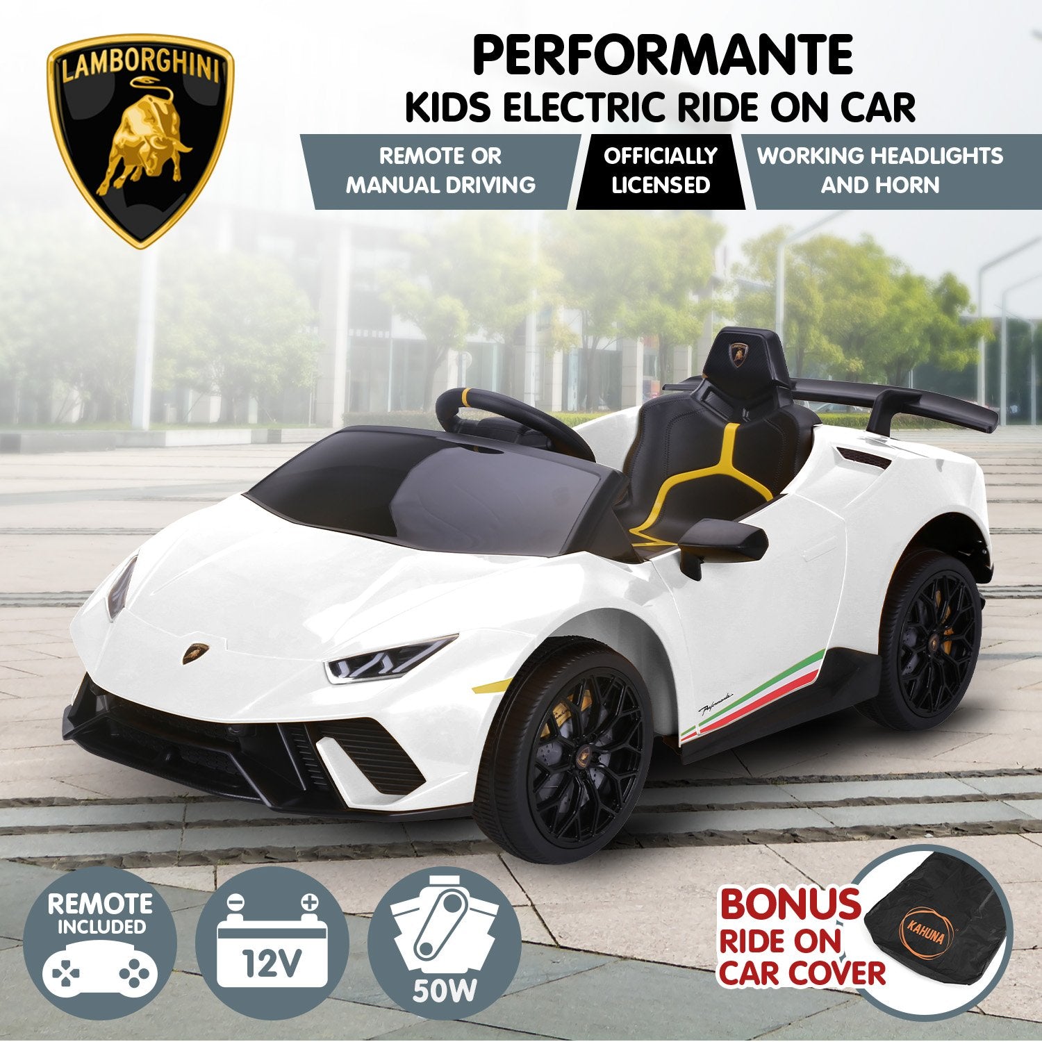 Ride On Cars: Kahuna Lamborghini Performante Kids Electric Ride On Car Remote Control by Kahuna - White