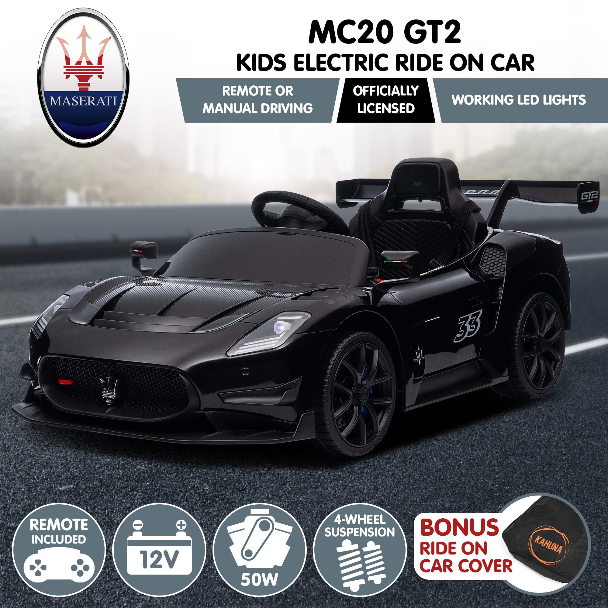 Ride On Cars: Kahuna Maserati MC20 GT2 Licensed Electric Kids Ride On Race Car Black