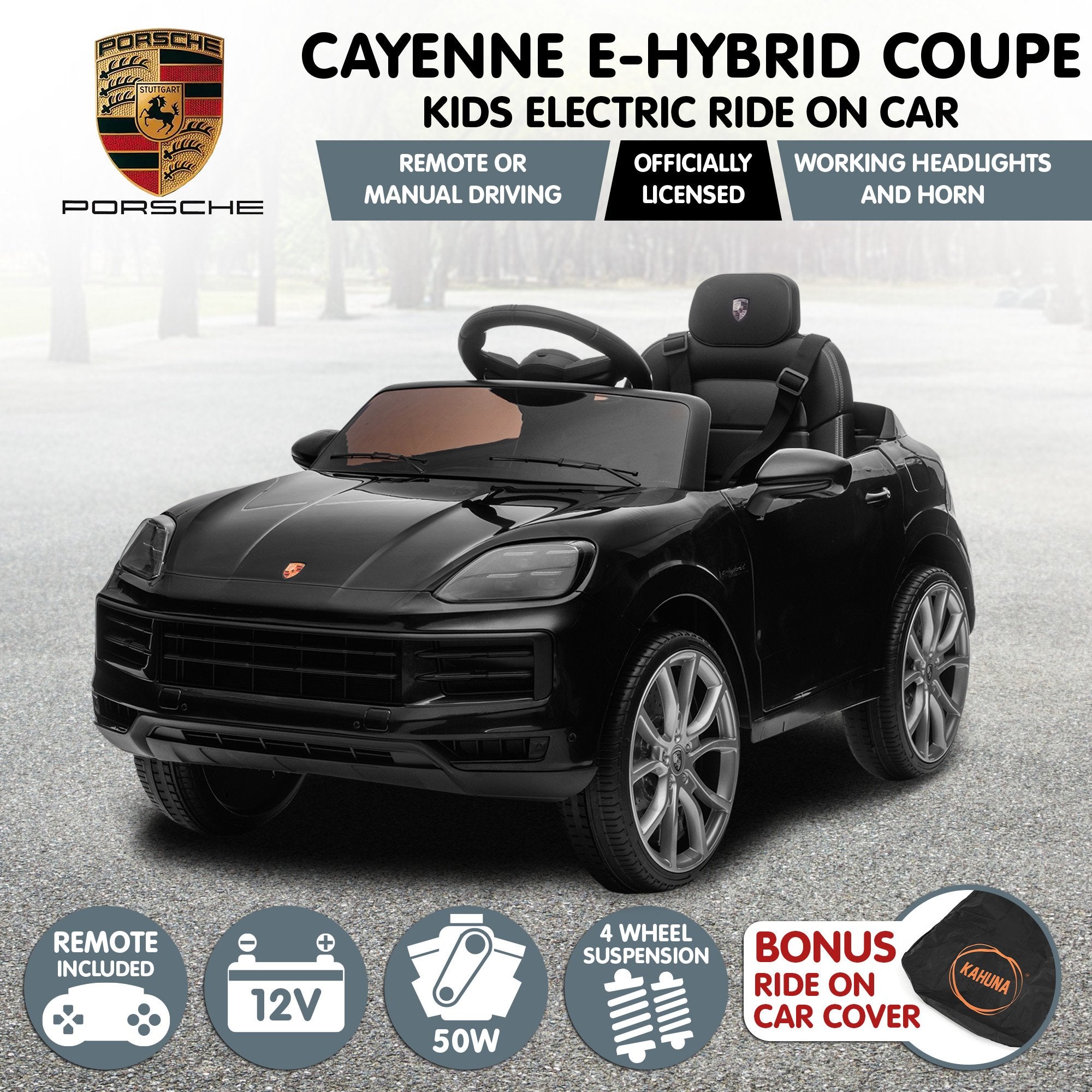 Ride On Cars: Kahuna Porsche Cayenne E Hybrid Coupe Licensed Kids Electric Ride On Car w/Remote Control 50W Dual Motors Speed Settings