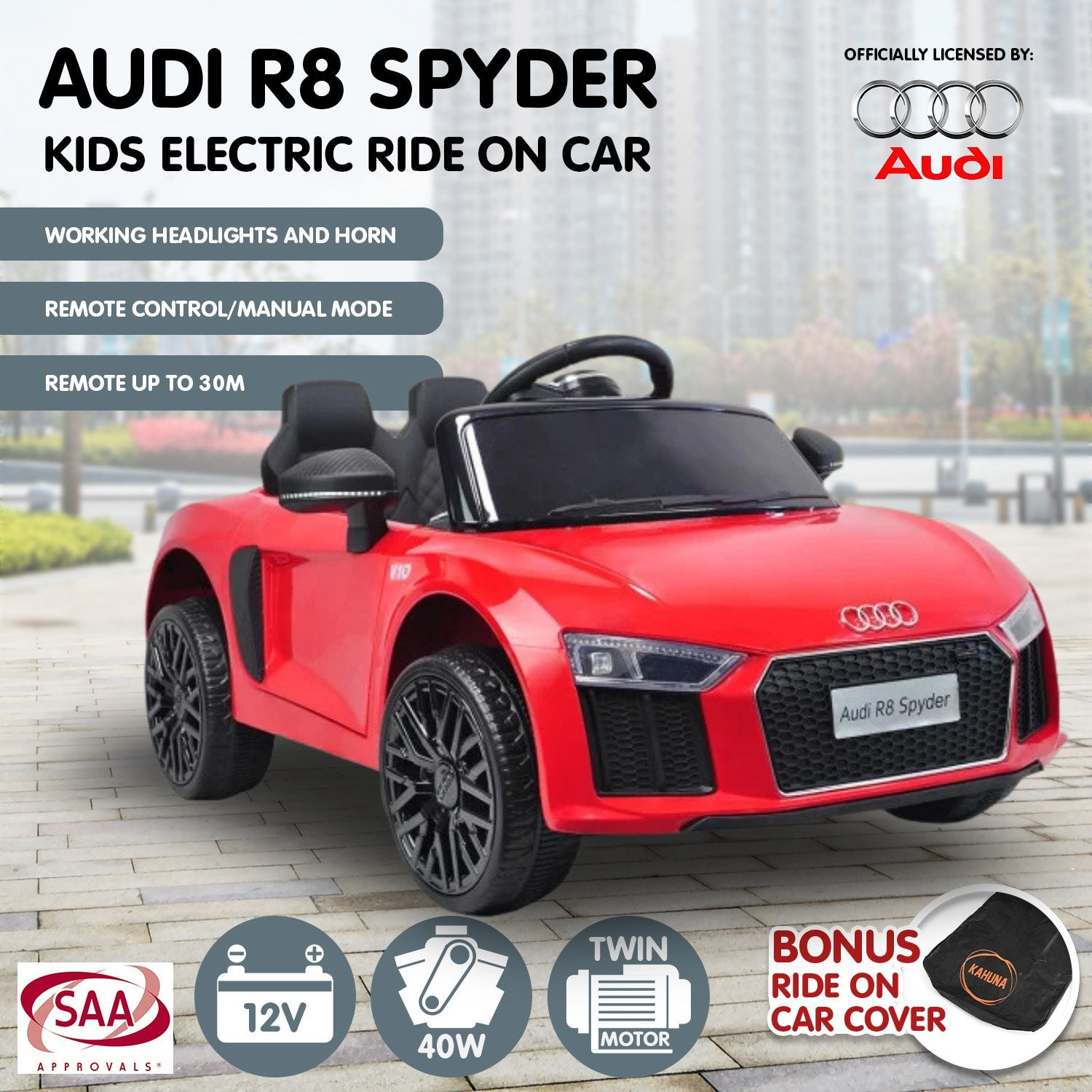 Ride On Cars: Kahuna Kahuna R8 Spyder Audi Licensed Kids Electric Ride On Car Remote Control - Red