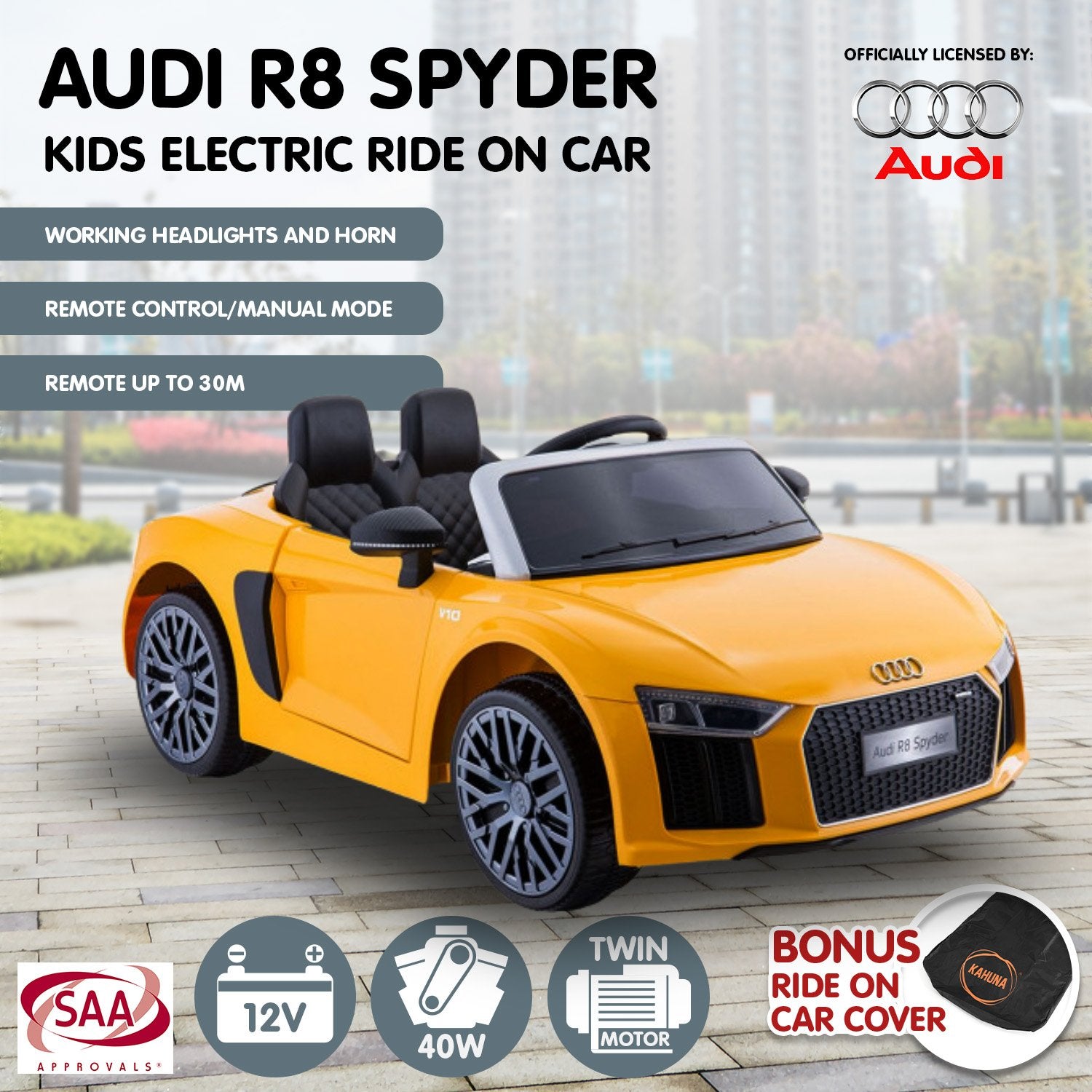 Ride On Cars: Kahuna R8 Spyder Audi Licensed Kids Electric Ride On Car Remote Control - Yellow