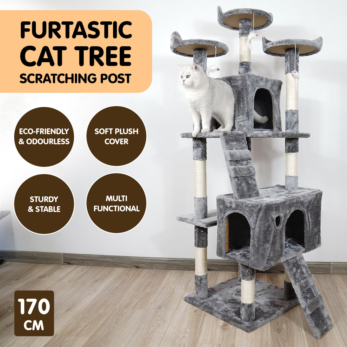 Cat Scratching Posts: Furtastic 170cm Cat Tree Scratching Post - Silver Grey