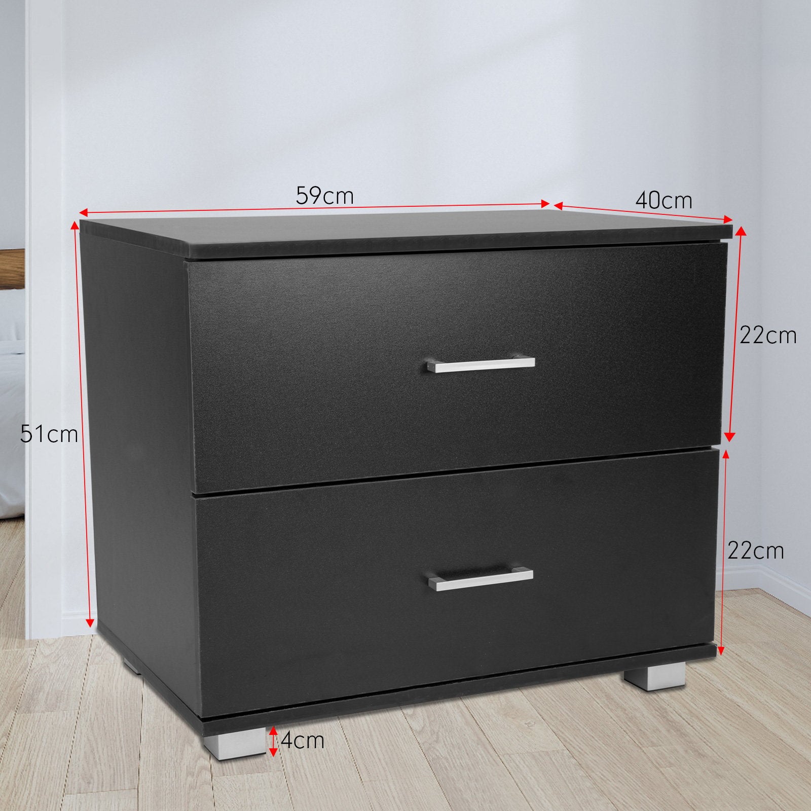 Bedside Tables: Sarantino Bedside Table Cabinet Storage Chest 2 Drawers Lamp Side Nightstand - Black