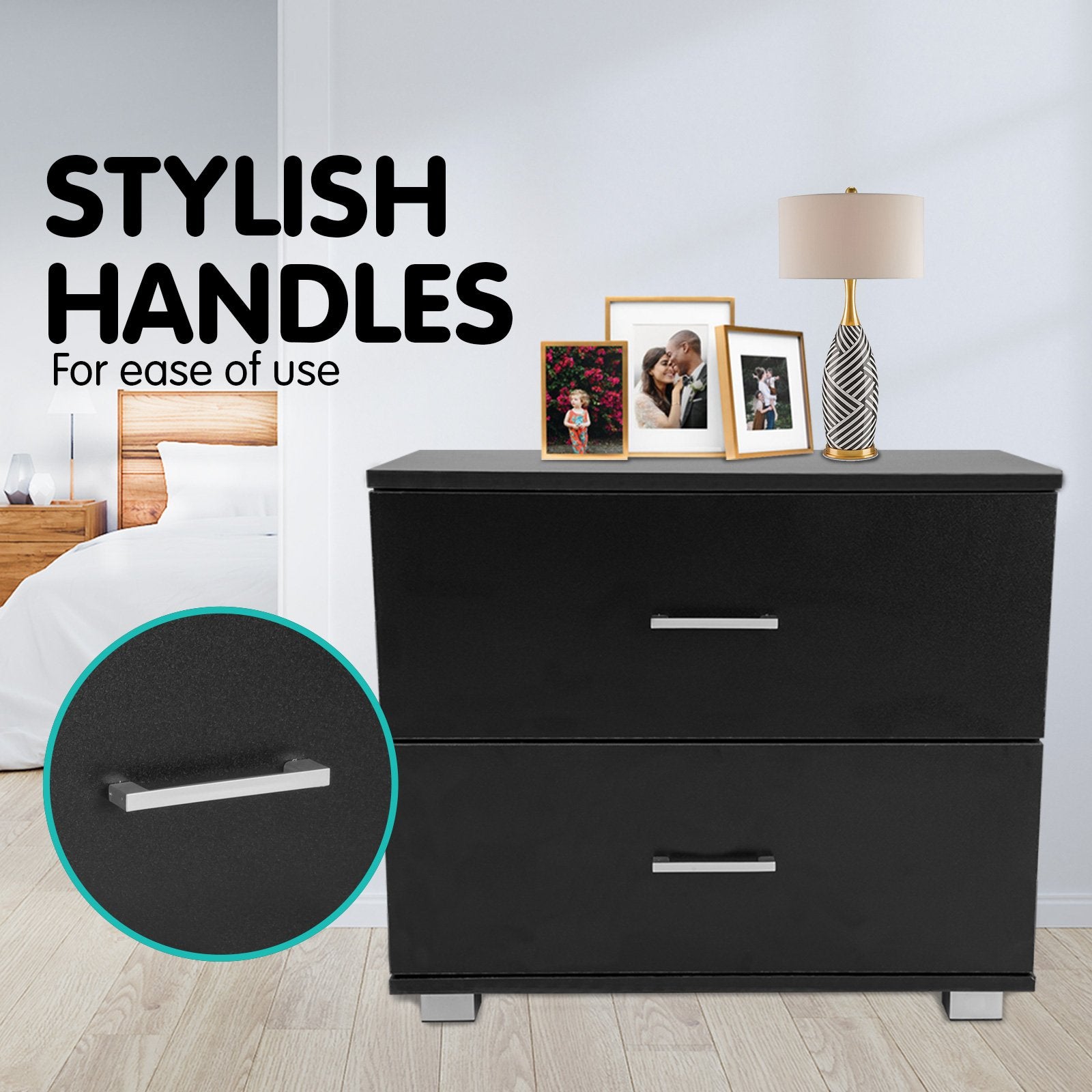 Bedside Tables: Sarantino Bedside Table Cabinet Storage Chest 2 Drawers Lamp Side Nightstand - Black