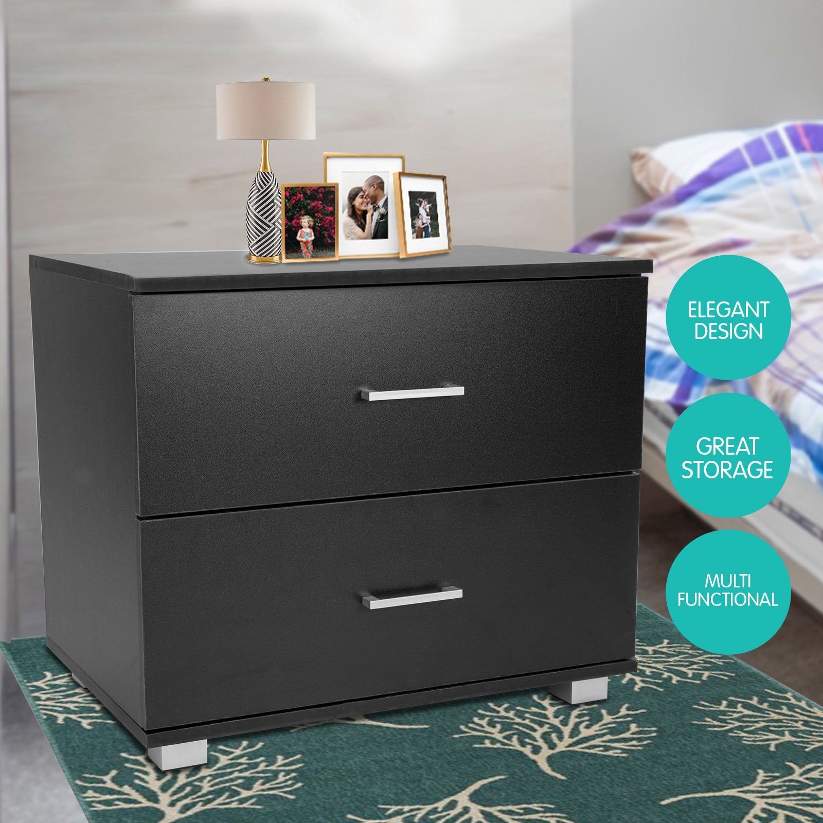 Bedside Tables: Sarantino Bedside Table Cabinet Storage Chest 2 Drawers Lamp Side Nightstand - Black