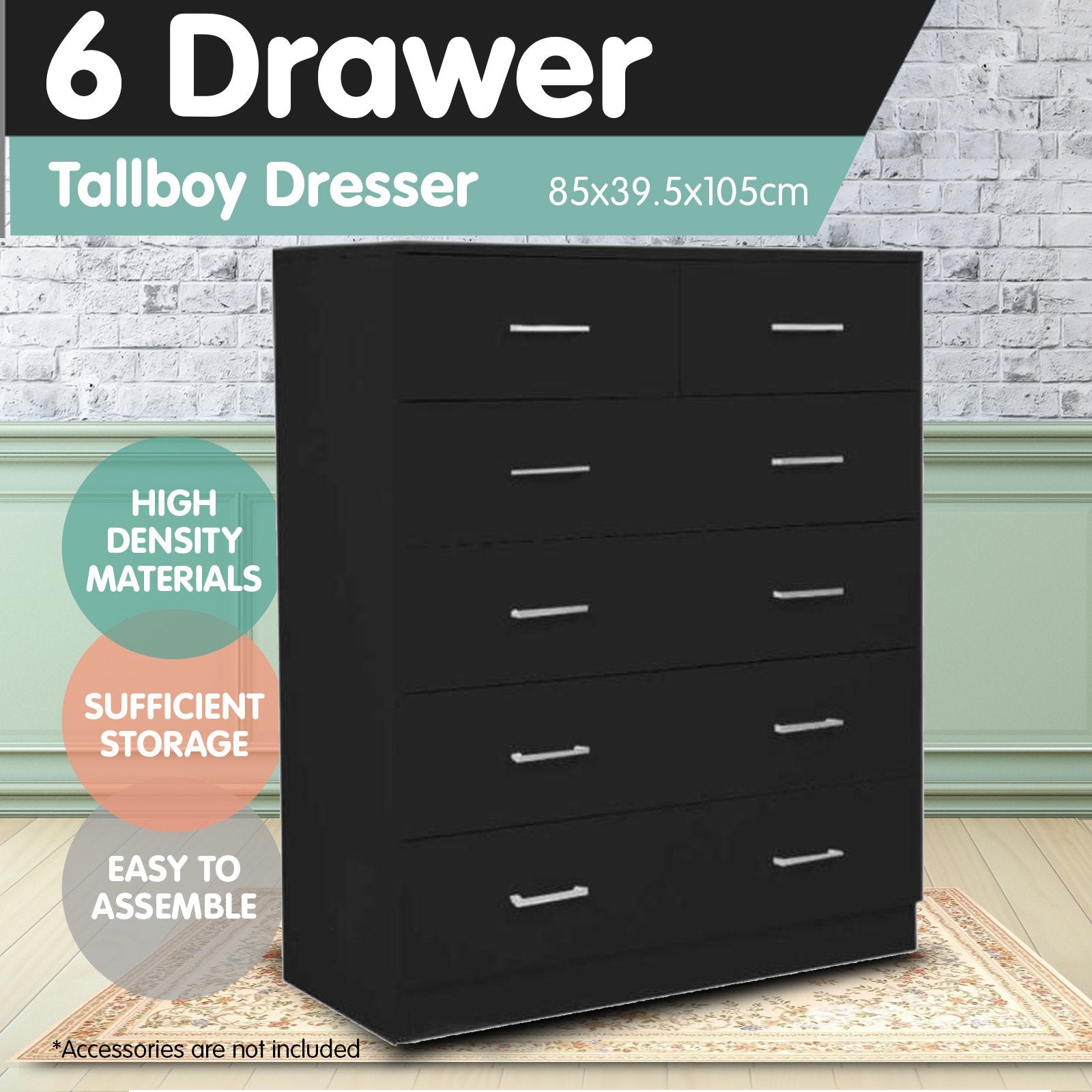 Dressers: Sarantino Tallboy Dresser 6 Chest Of Drawers Table Cabinet Bedroom Storage Black