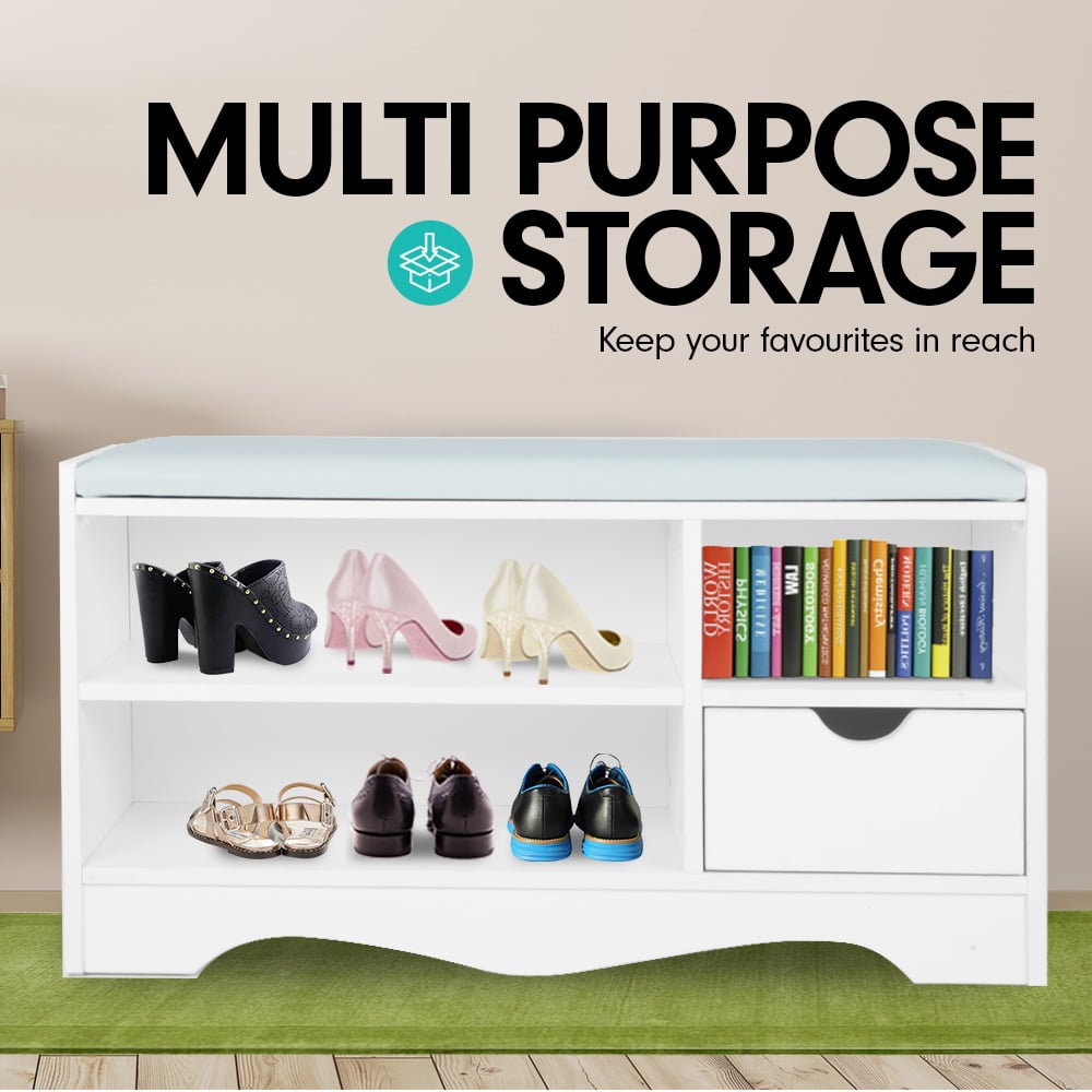 Kitchen & Dining Chairs: Sarantino Shoe Rack Cabinet Organiser Grey Cushion Stool Bench - 80 X 30 X 45 - White