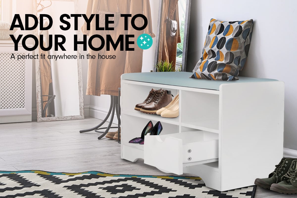 Kitchen & Dining Chairs: Sarantino Shoe Rack Cabinet Organiser Grey Cushion Stool Bench - 80 X 30 X 45 - White