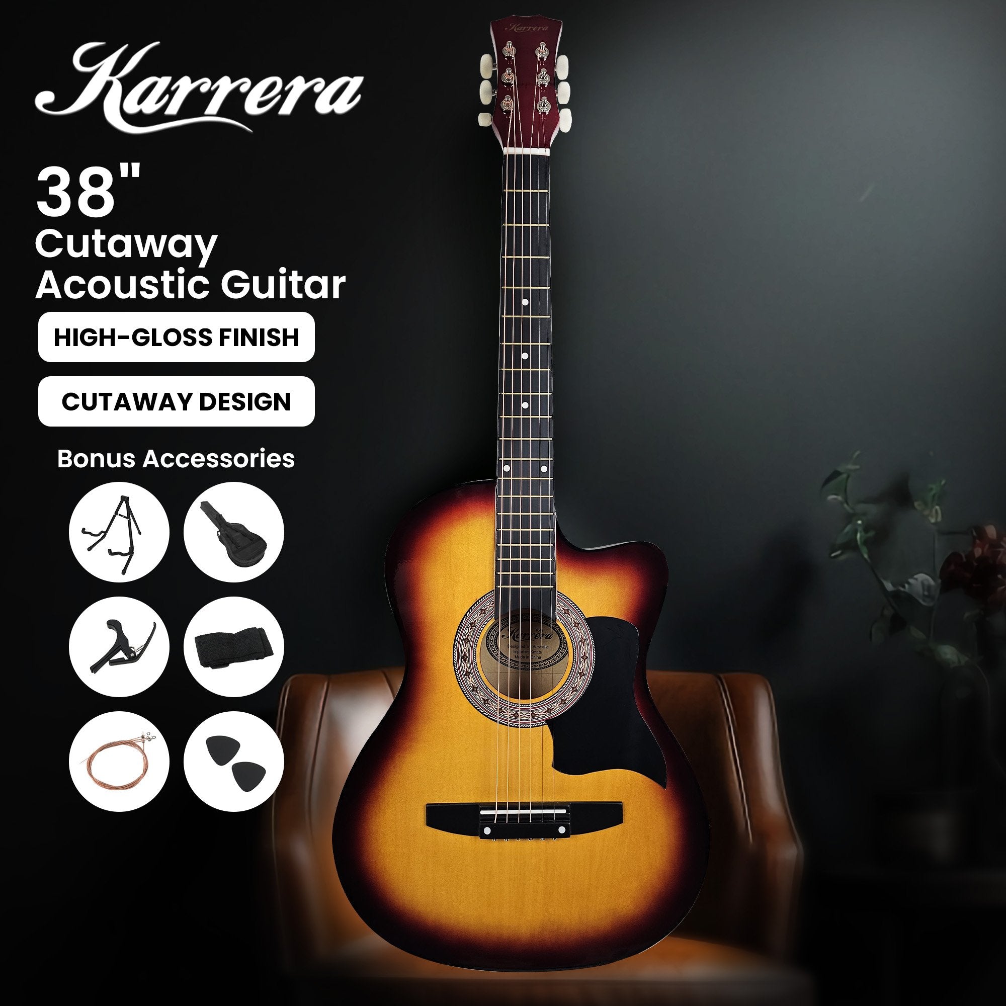 Guitars: Karrera 38in Pro Cutaway Acoustic Guitar with Bag Strings - Sun Burst