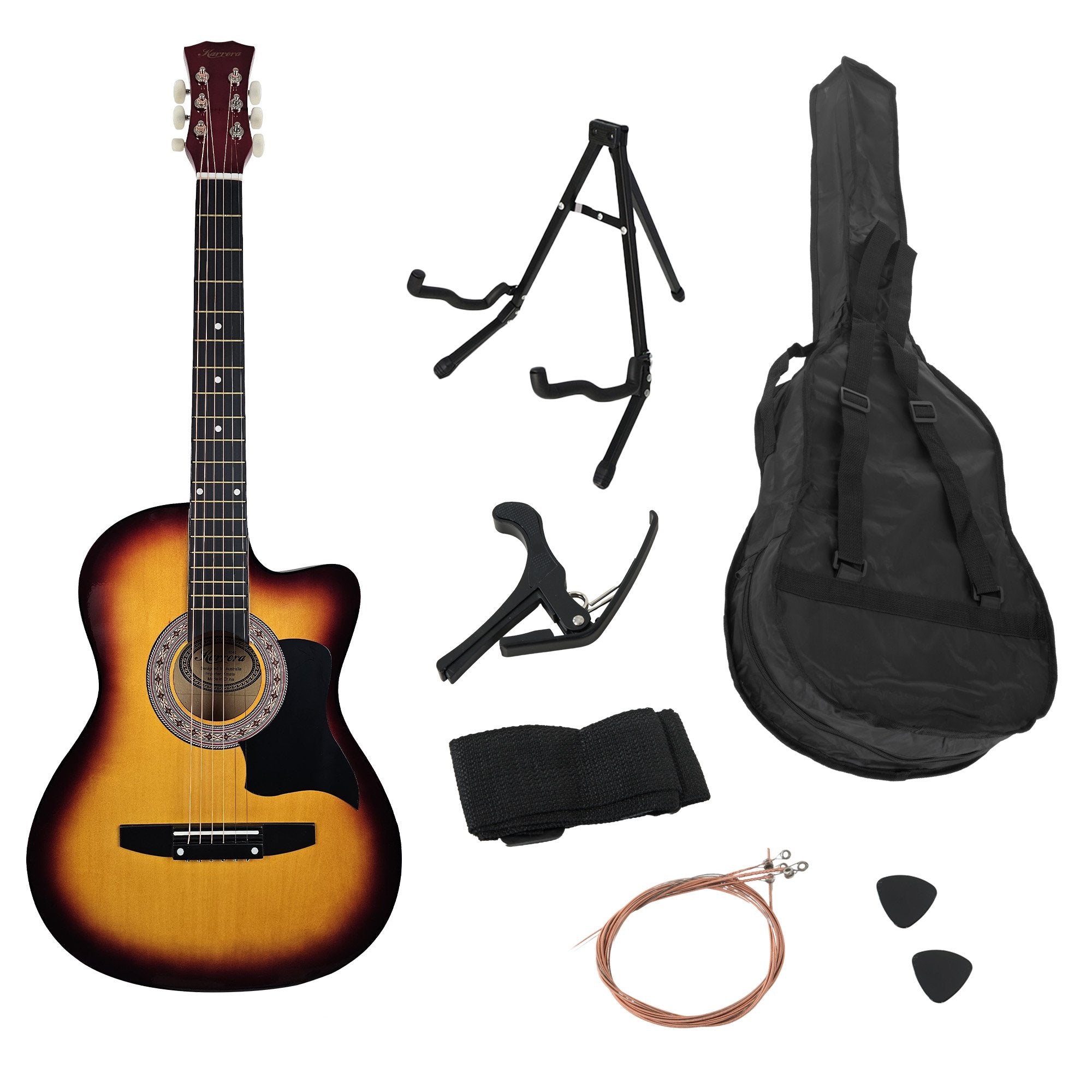 Guitars: Karrera 38in Pro Cutaway Acoustic Guitar with Bag Strings - Sun Burst