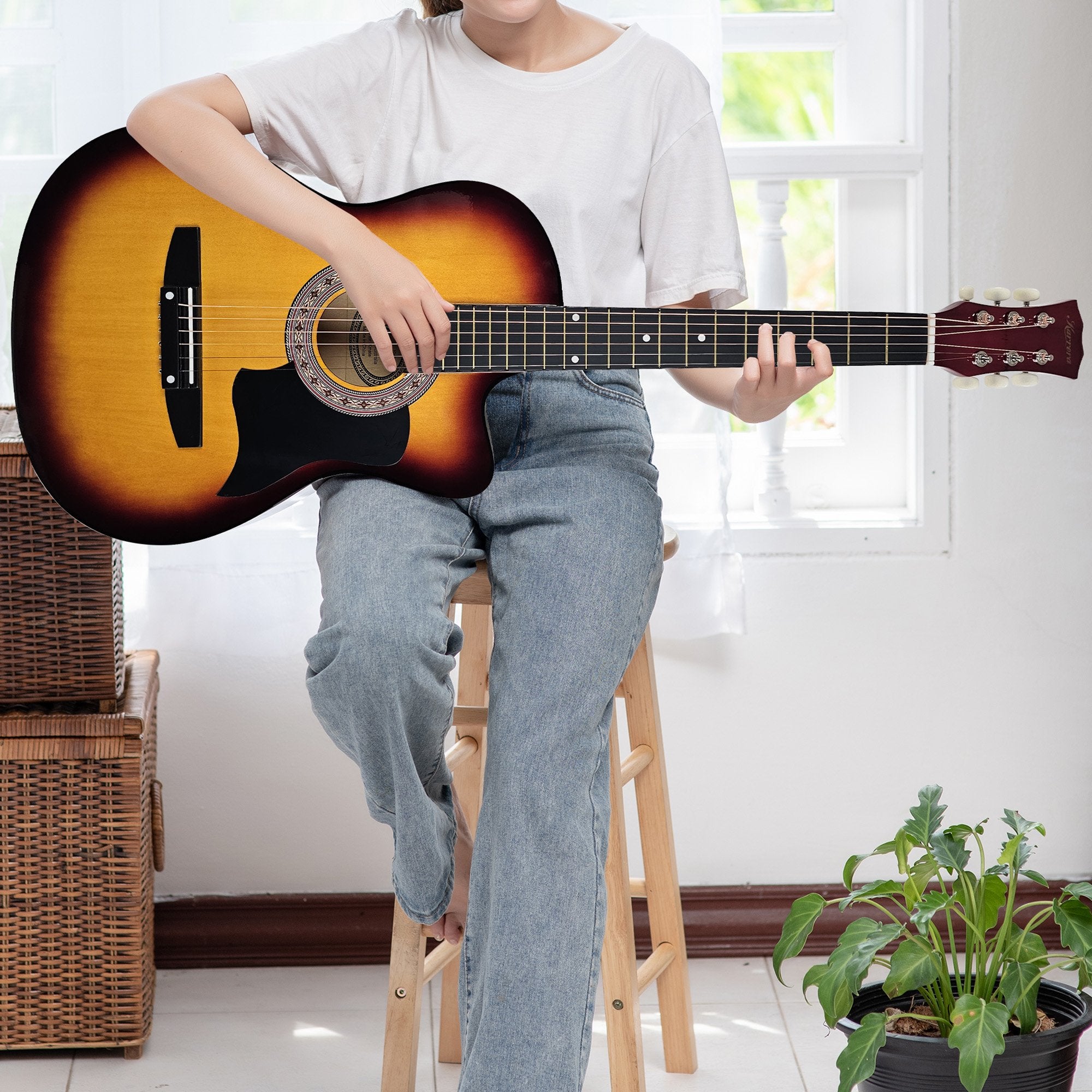 Guitars: Karrera 38in Pro Cutaway Acoustic Guitar with Bag Strings - Sun Burst