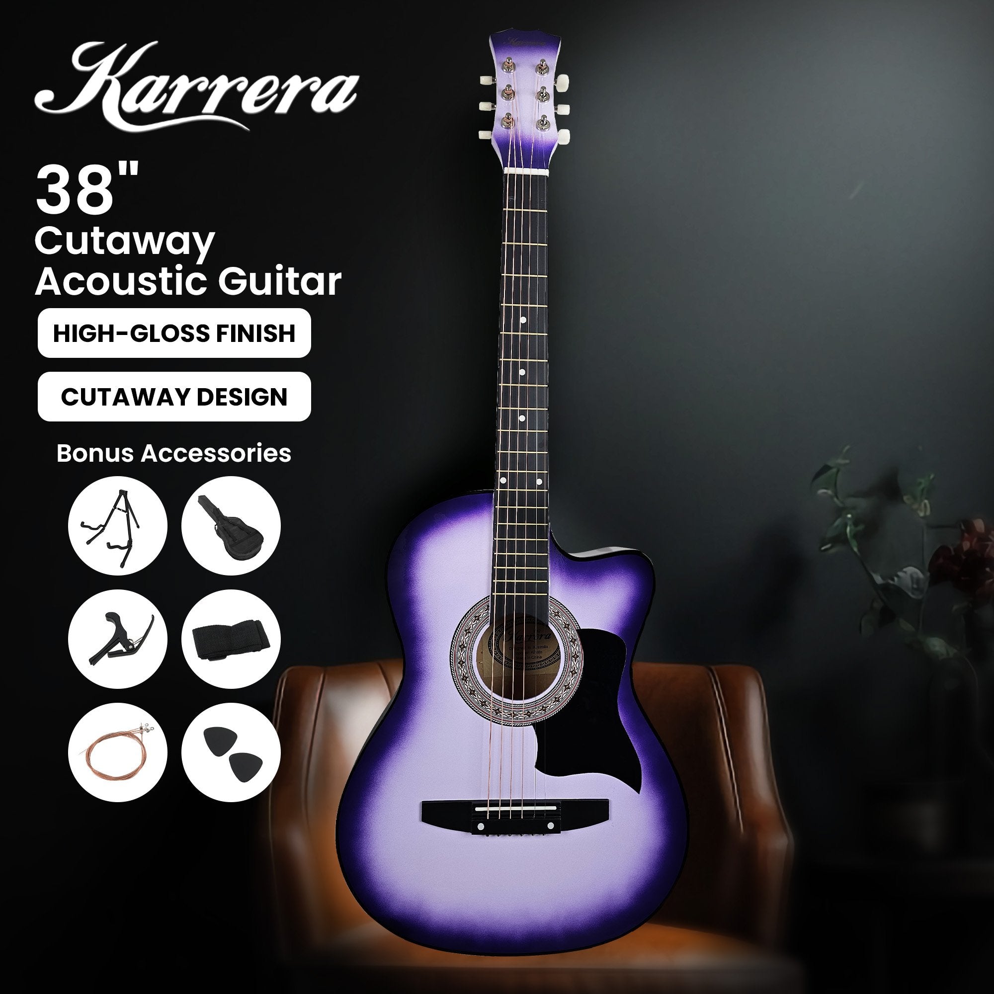 Guitars: Karrera 38in Pro Cutaway Acoustic Guitar with guitar bag - Purple Burst
