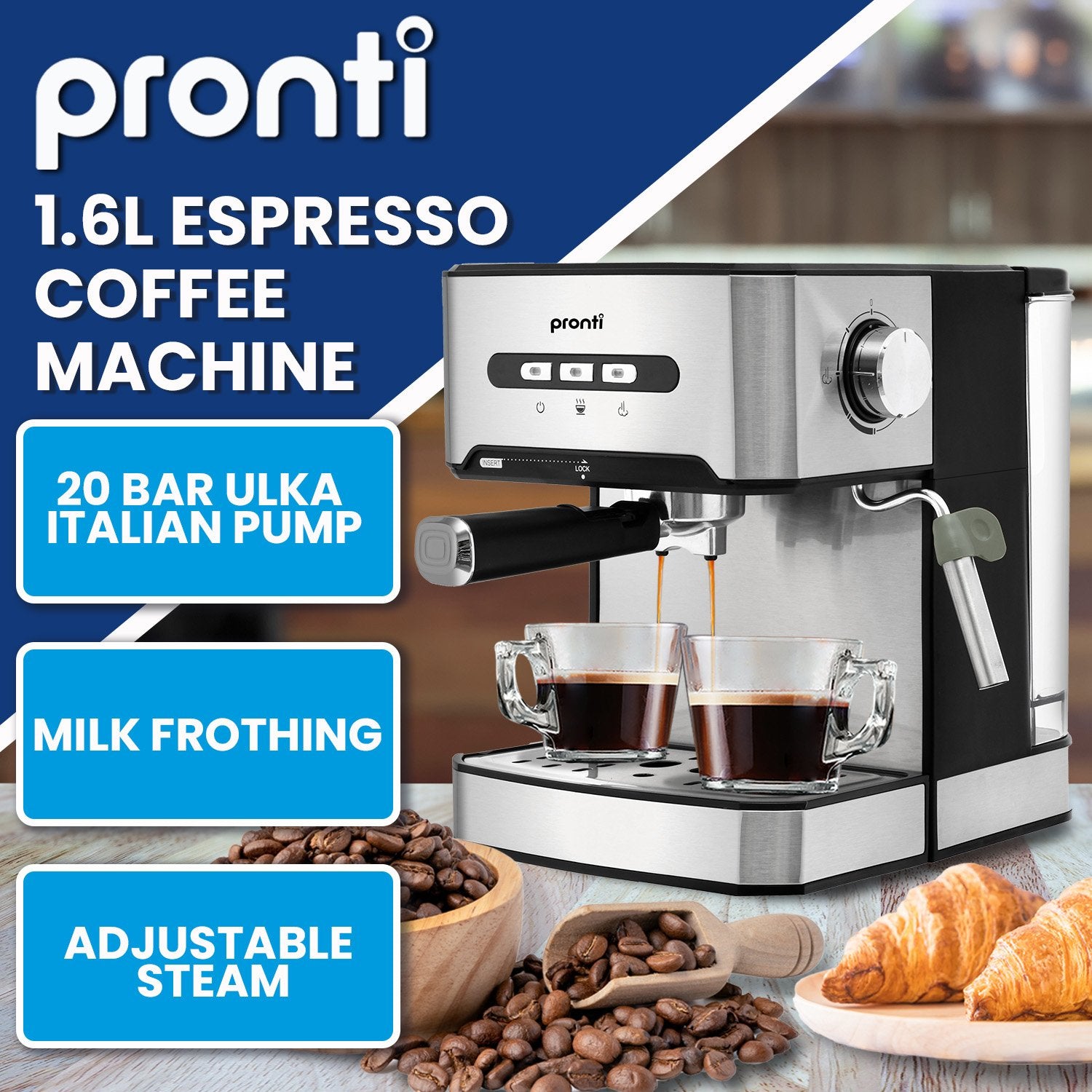 Coffee Machines & Accessories: Pronti 1.6L Automatic Coffee Espresso Machine with Steam Frother