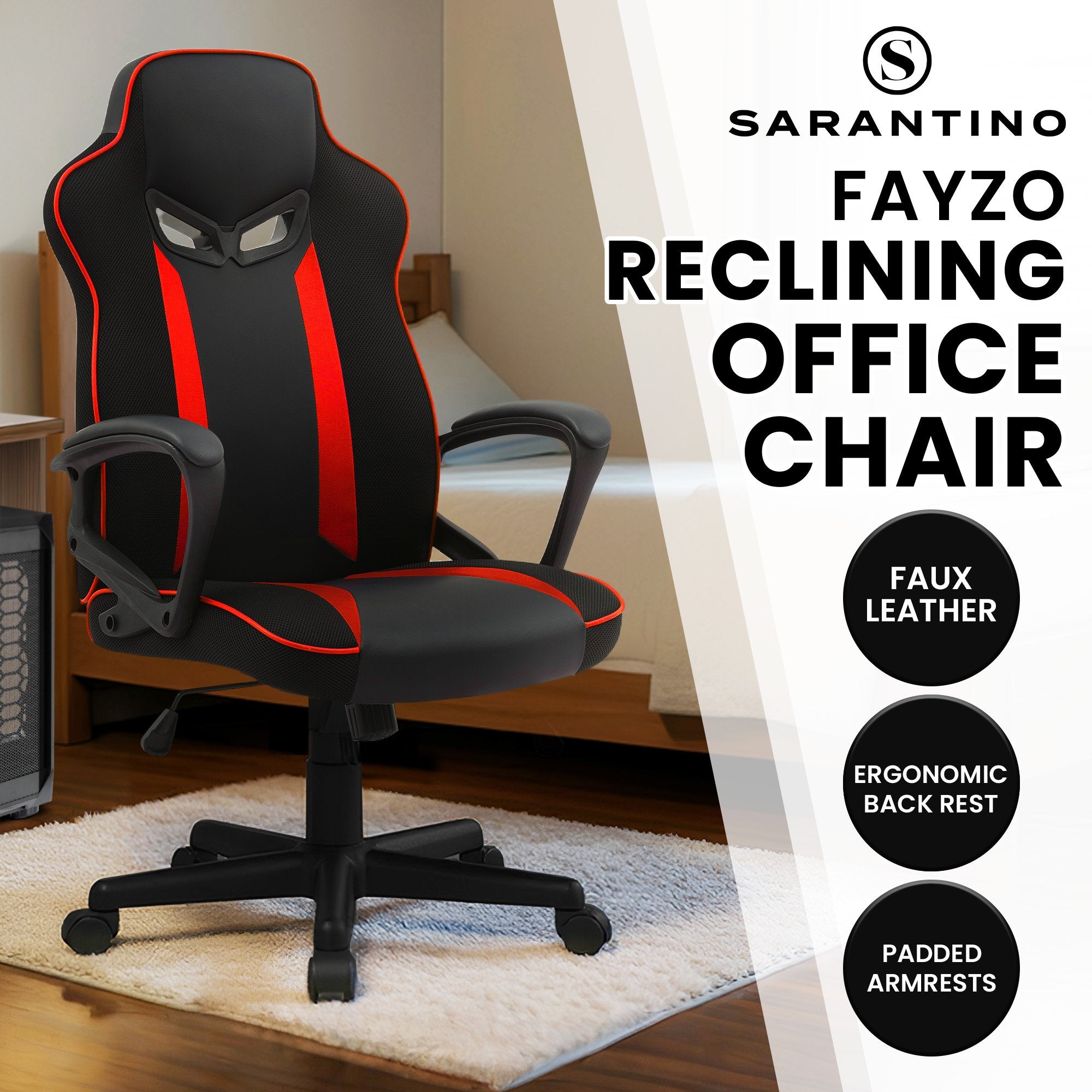 Office & Desk Chairs: Sarantino Fayzo Racing Reclining Office Gaming Chair Black And Red Adjustable Computer Desk Seat With Adjustable Height, Breathable Mesh Back, Padded Armrests