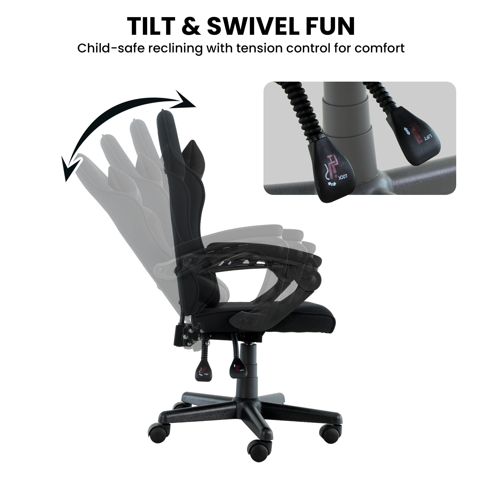 Office & Desk Chairs: Sarantino Antre Kids Study Gaming Chair Black Adjustable Computer Desk Seat Racing Inspired-look With Adjustable Height, Ergonomic Back Support, Padded Armrests
