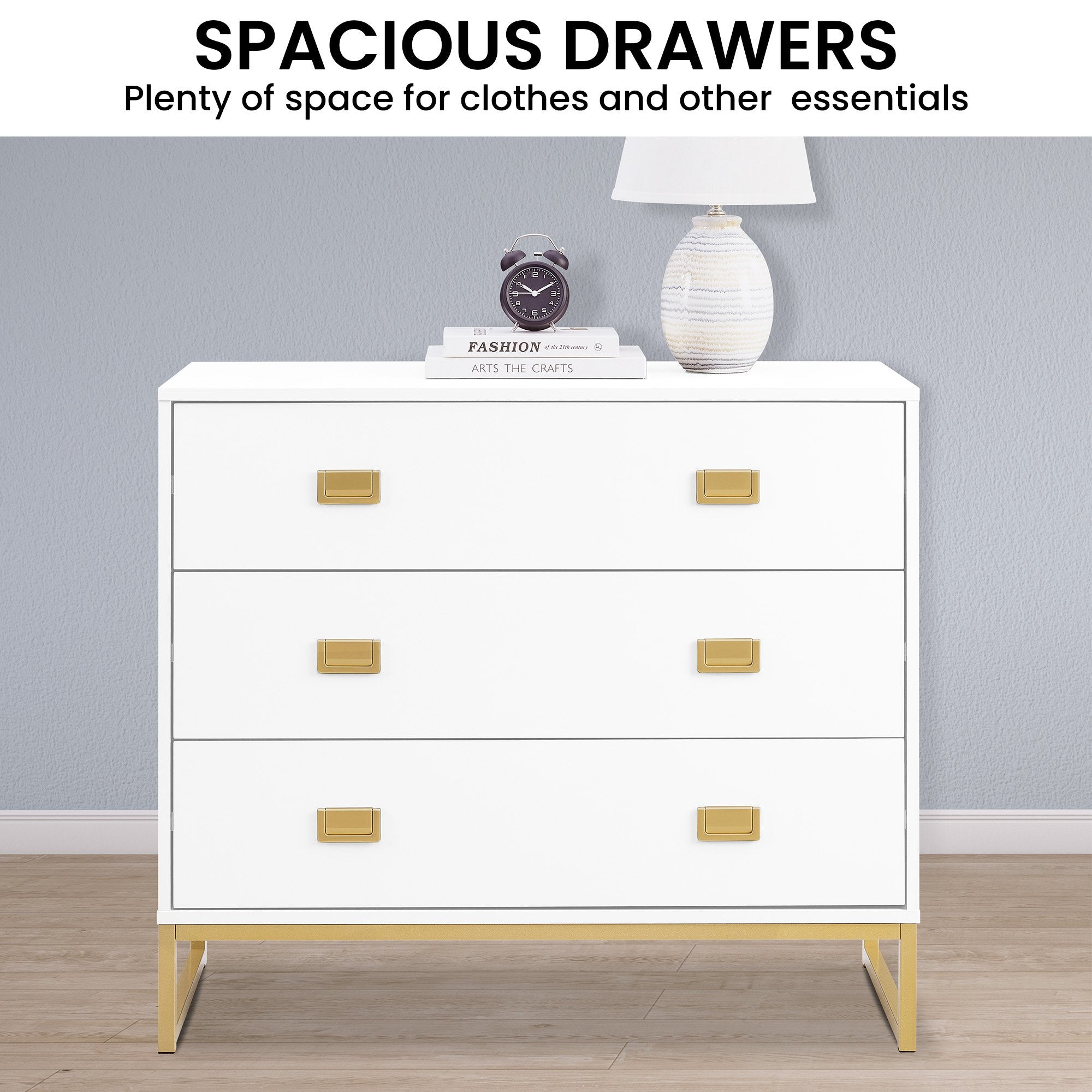 Clothing & Wardrobe Storage: Sarantino Amara Chest of Drawers Tallboy Dresser in White/Gold