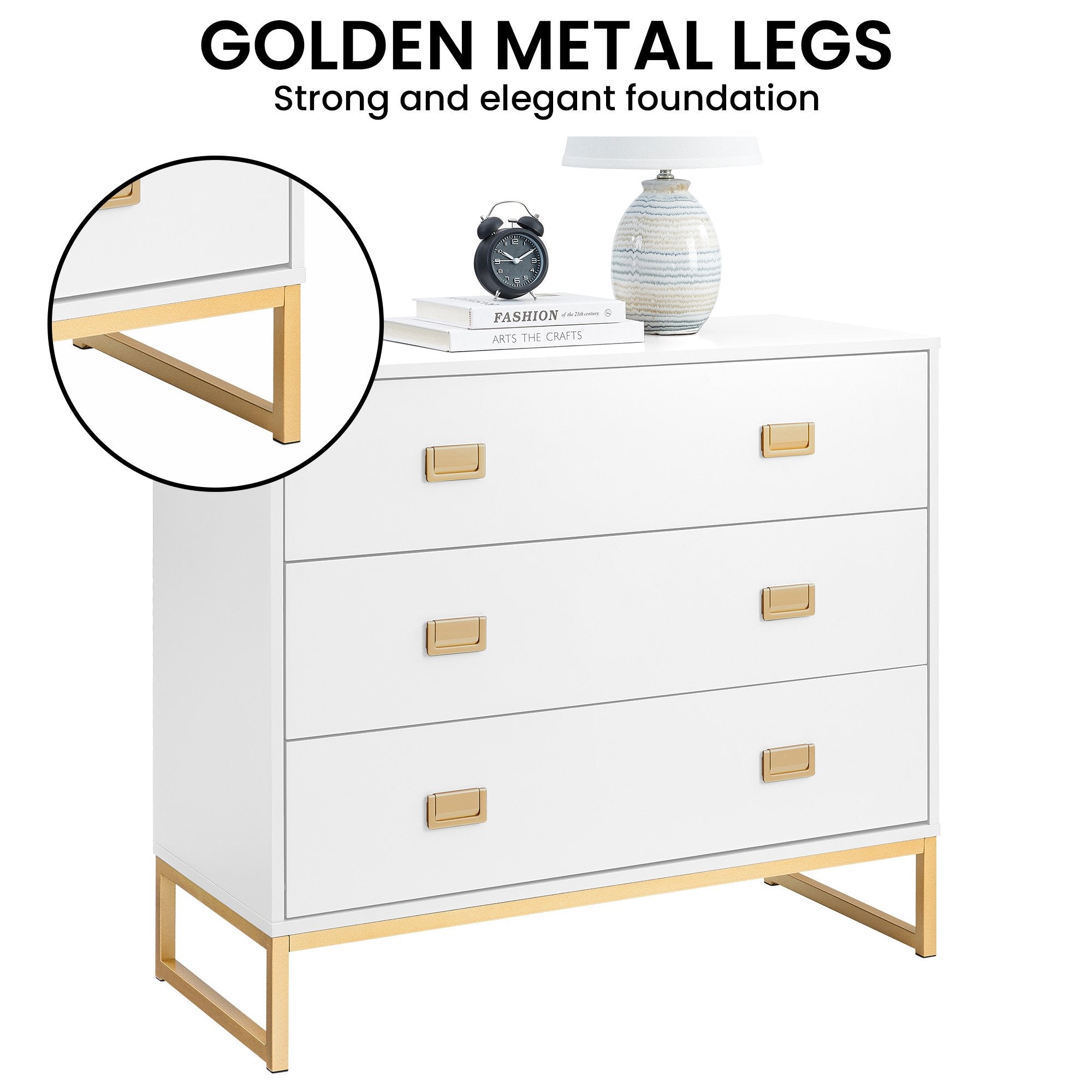Clothing & Wardrobe Storage: Sarantino Amara Chest of Drawers Tallboy Dresser in White/Gold