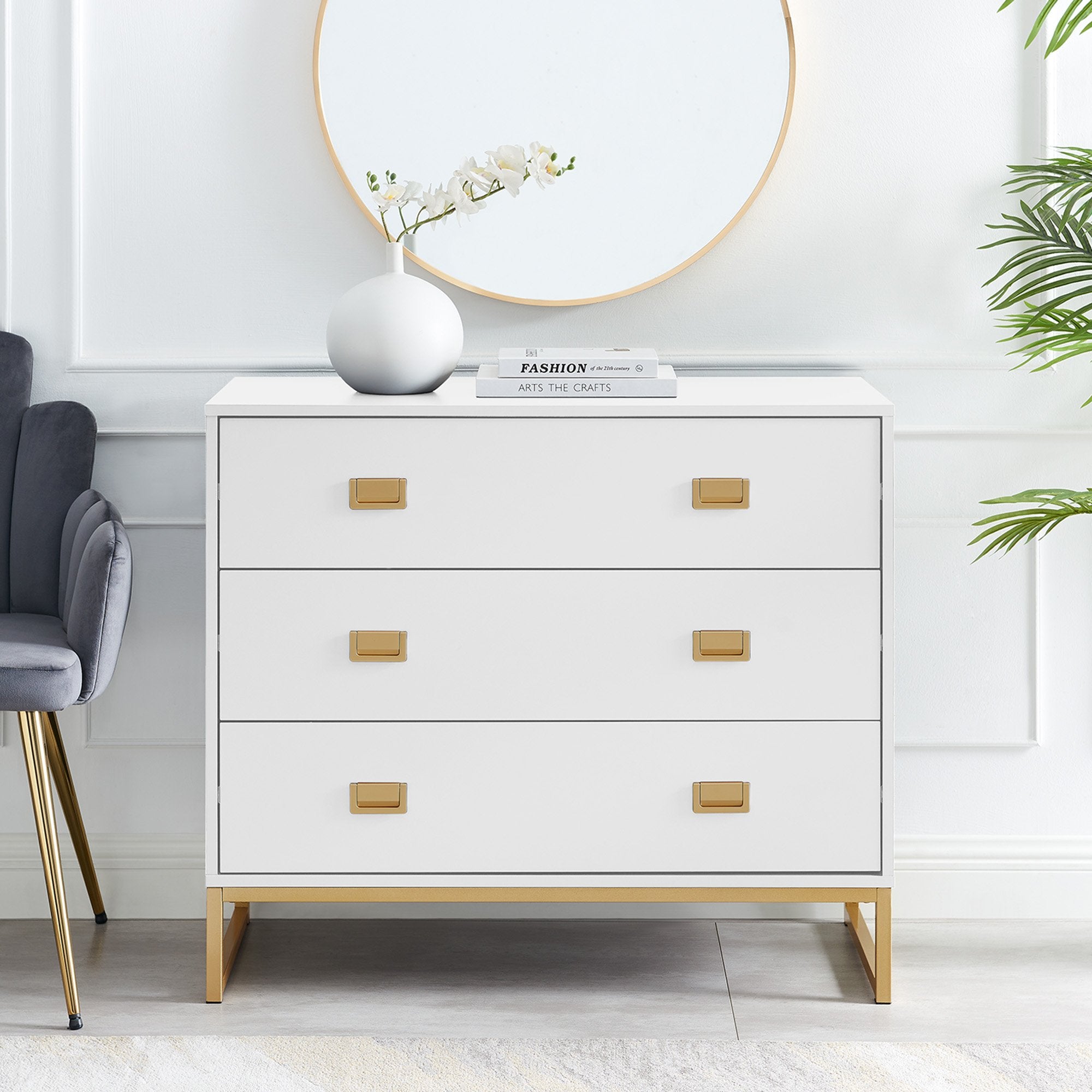 Clothing & Wardrobe Storage: Sarantino Amara Chest of Drawers Tallboy Dresser in White/Gold