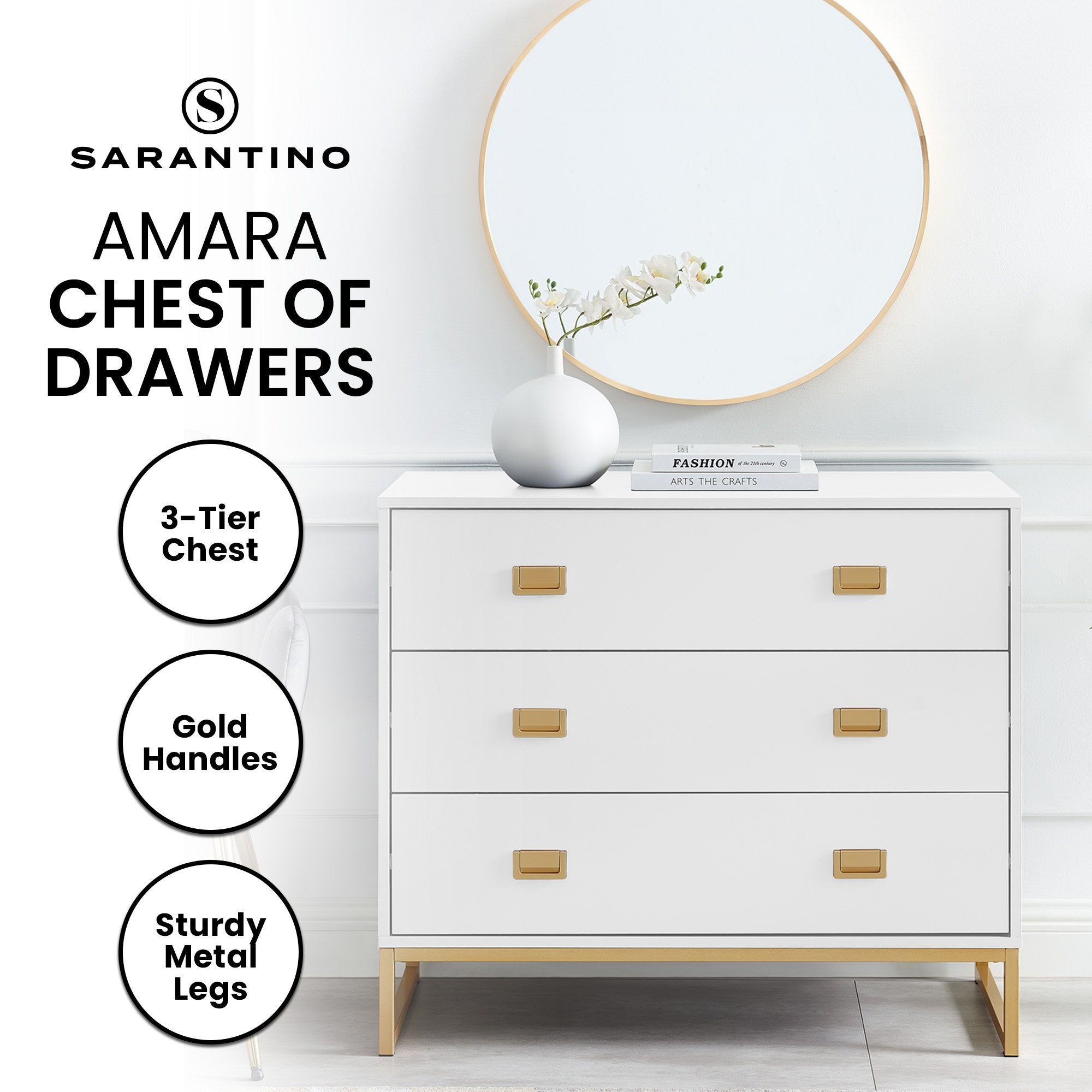 Clothing & Wardrobe Storage: Sarantino Amara Chest of Drawers Tallboy Dresser in White/Gold