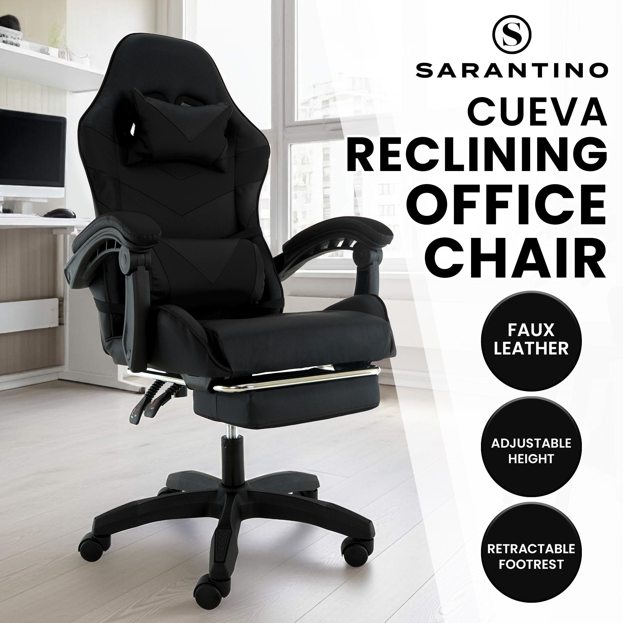 Office & Desk Chairs: Sarantino Cueva Reclining High Back Office Gaming Chair Black Retractable Footrest Computer Seat