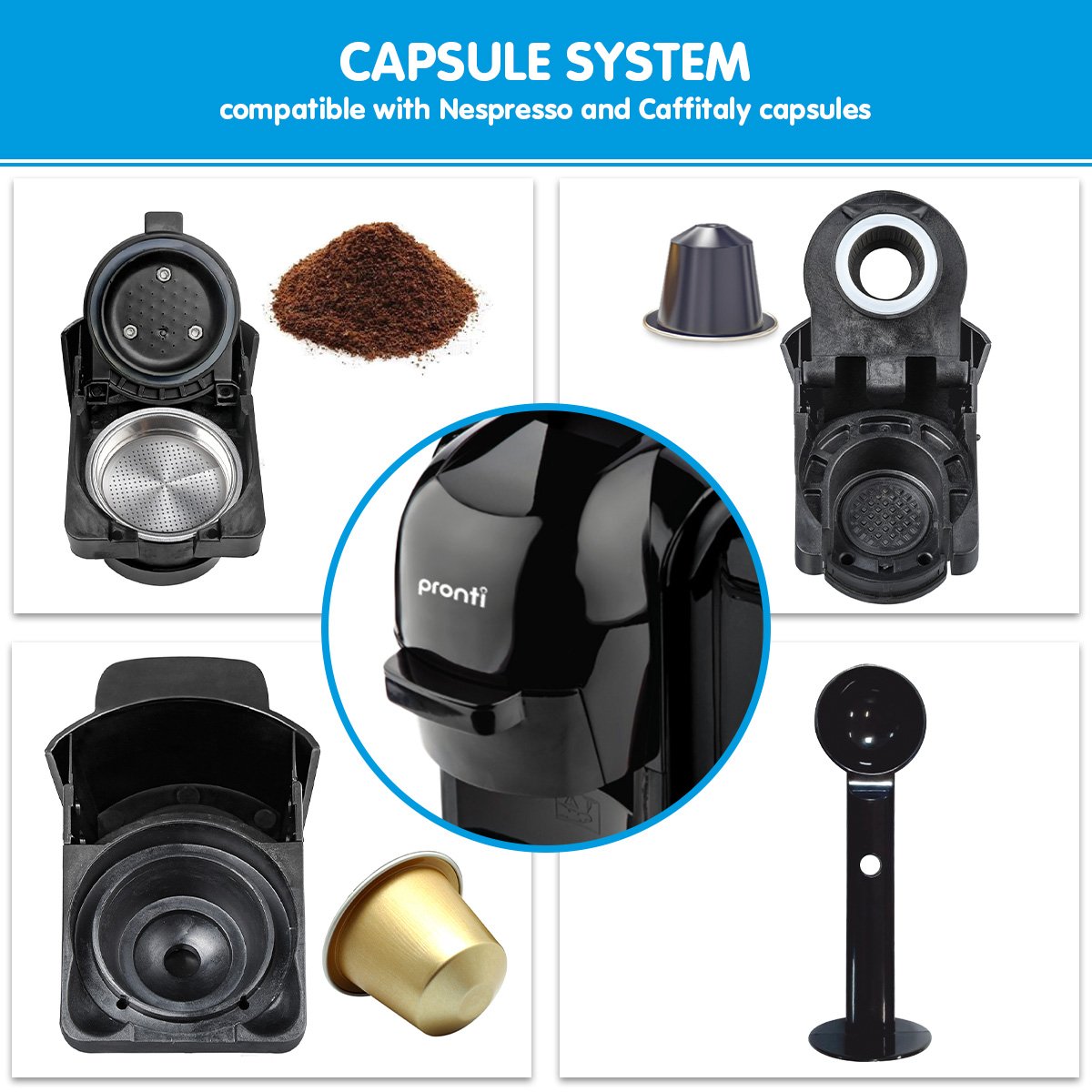 Coffee Machines & Accessories: Pronti HomeMaid 3-in-1 Coffee Machine Multi-Capsule Pods and Ground Coffee Nespresso & Caffitaly Compatible CM-511HM