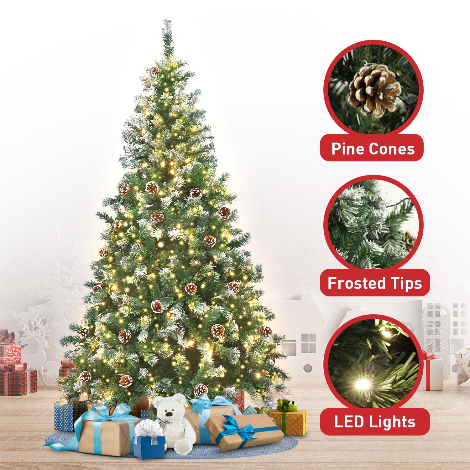 Christmas Trees: Christabelle 1.8m Pre Lit LED Christmas Tree Decor with Pine Cones Xmas Decorations
