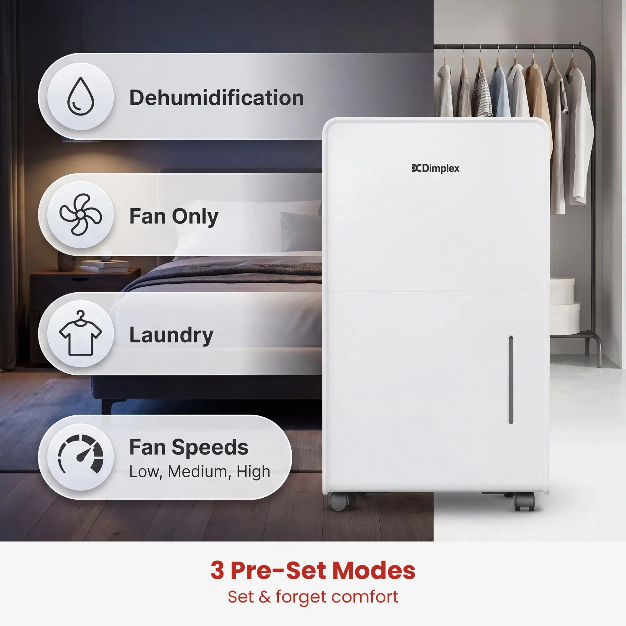 Dimplex 20L Portable Dehumidifier w/ Preset Modes Fan Speeds 4L Water Tank Timer