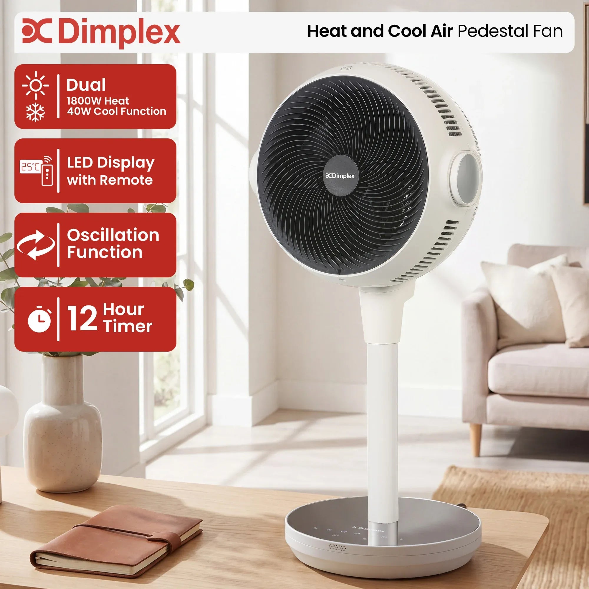Dimplex Heat and Cool Air Circulator Pedestal Fan with LED Display and Timer